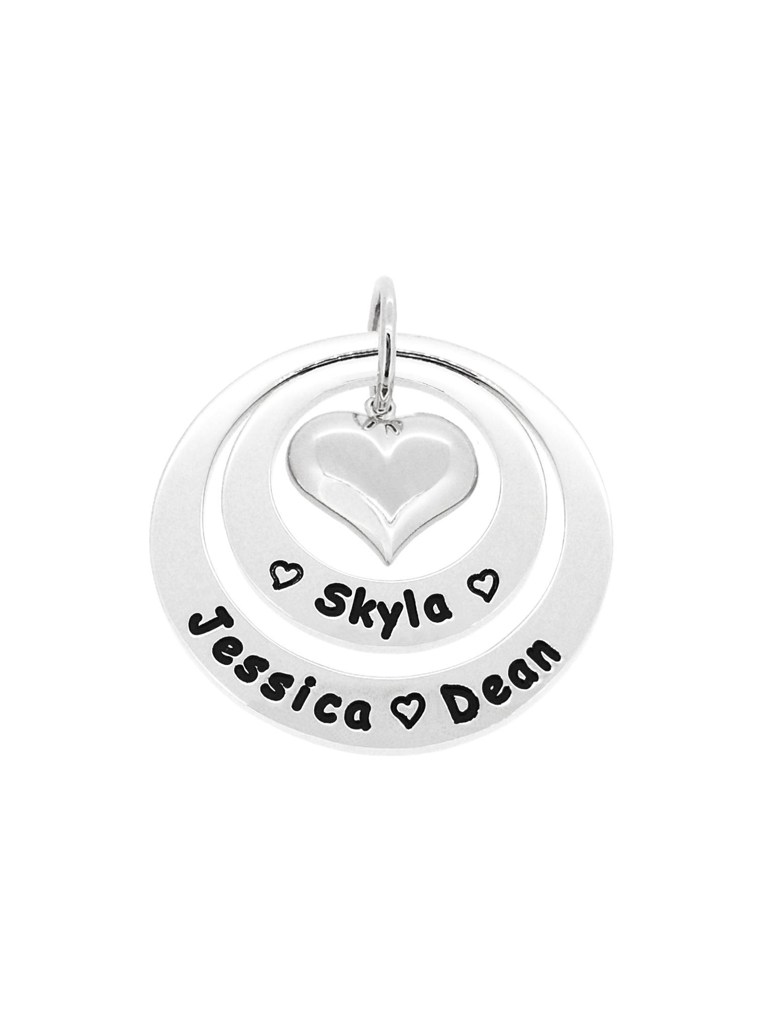 Personalised Family Name Circle Heart Charm Pendant in Sterling Silver