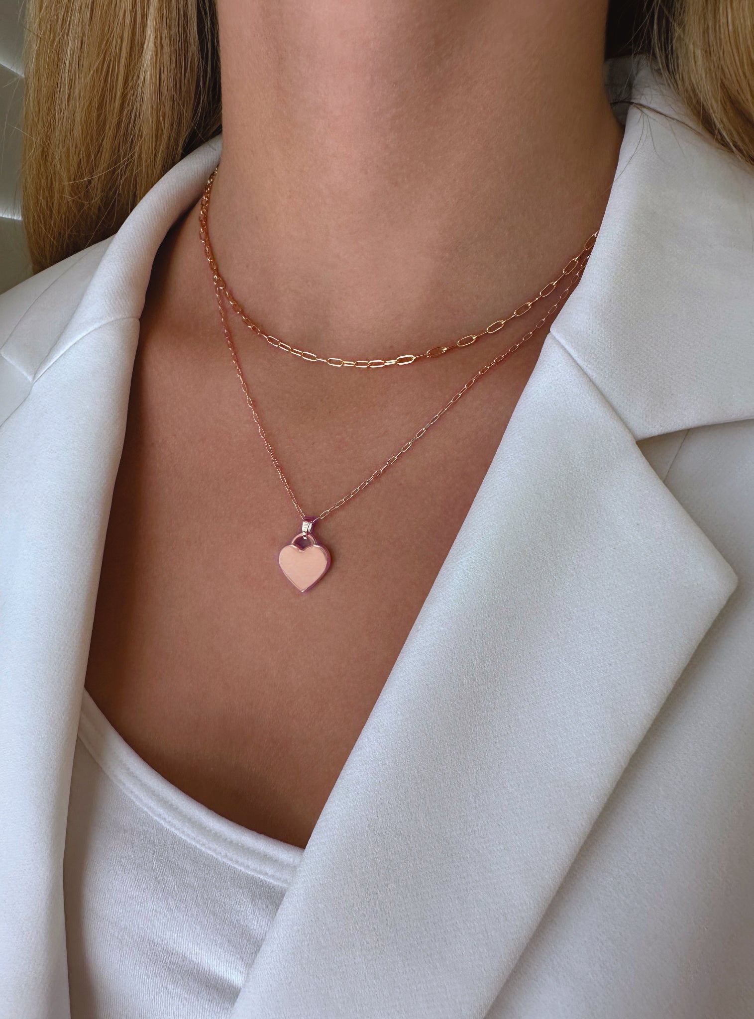 Paperclip Heart Tag Charm Necklace Chain in 9ct Rose Gold