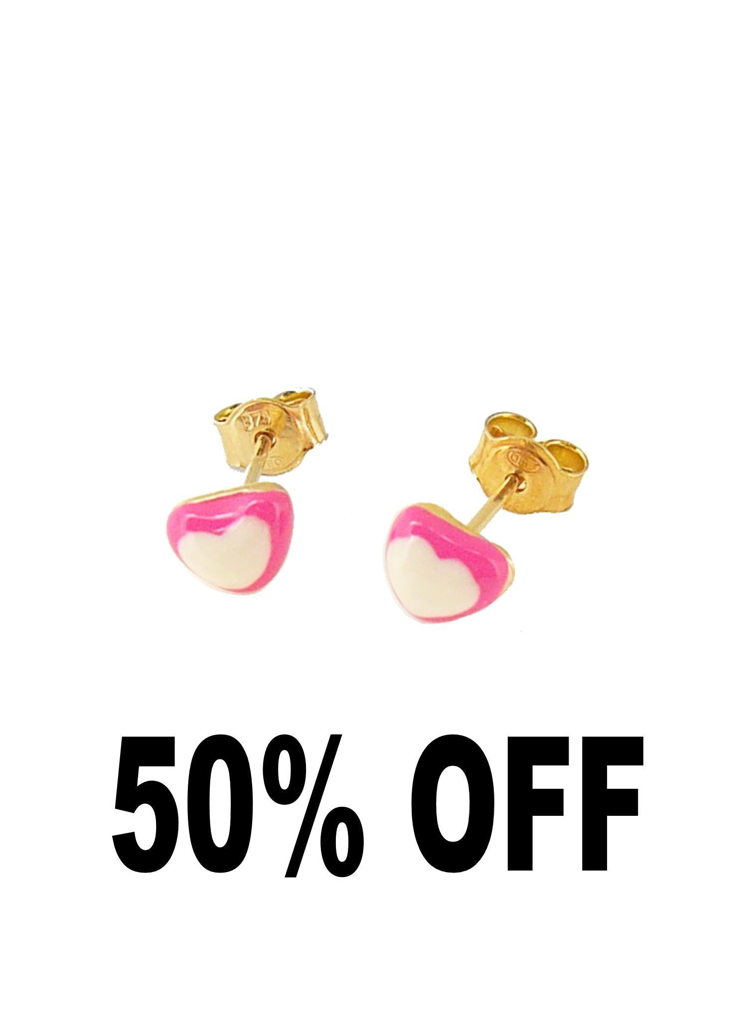 Pink Heart Charm Stud Earrings in 9ct Gold