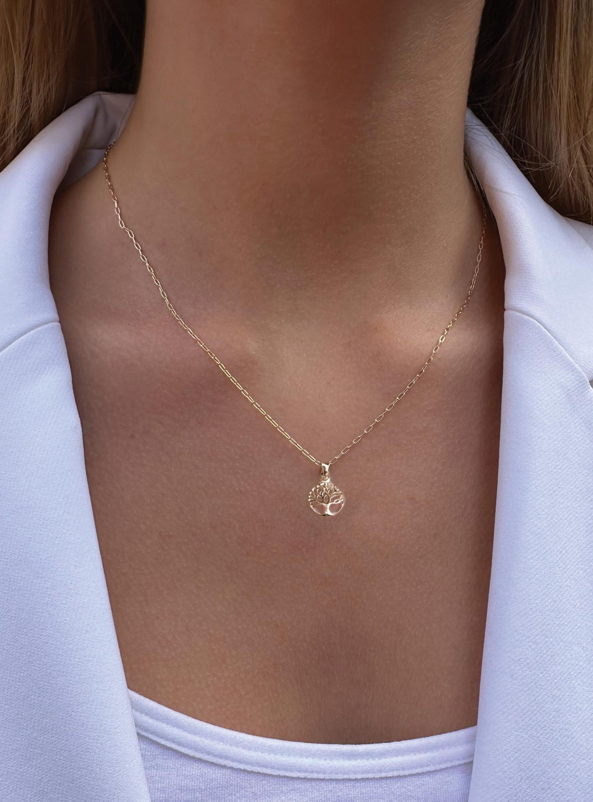 Tree of Life Charm Paperclip Necklace Chain in 9ct Gold