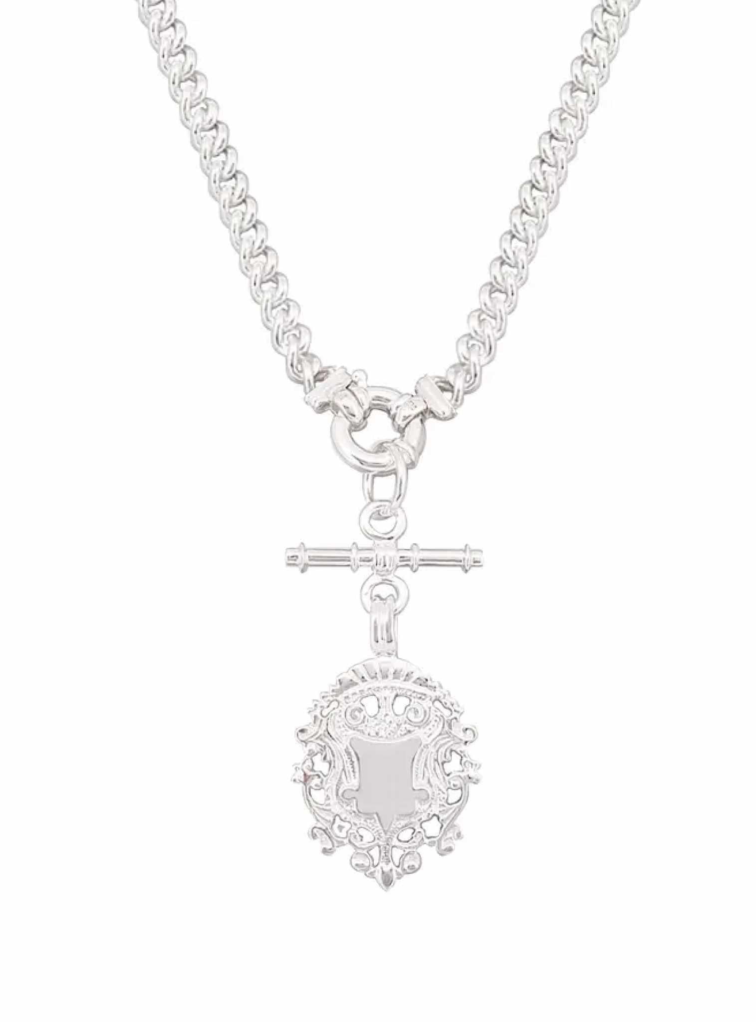Unisex Fob Chain Shield 7mm Curb Necklace in Sterling Silver