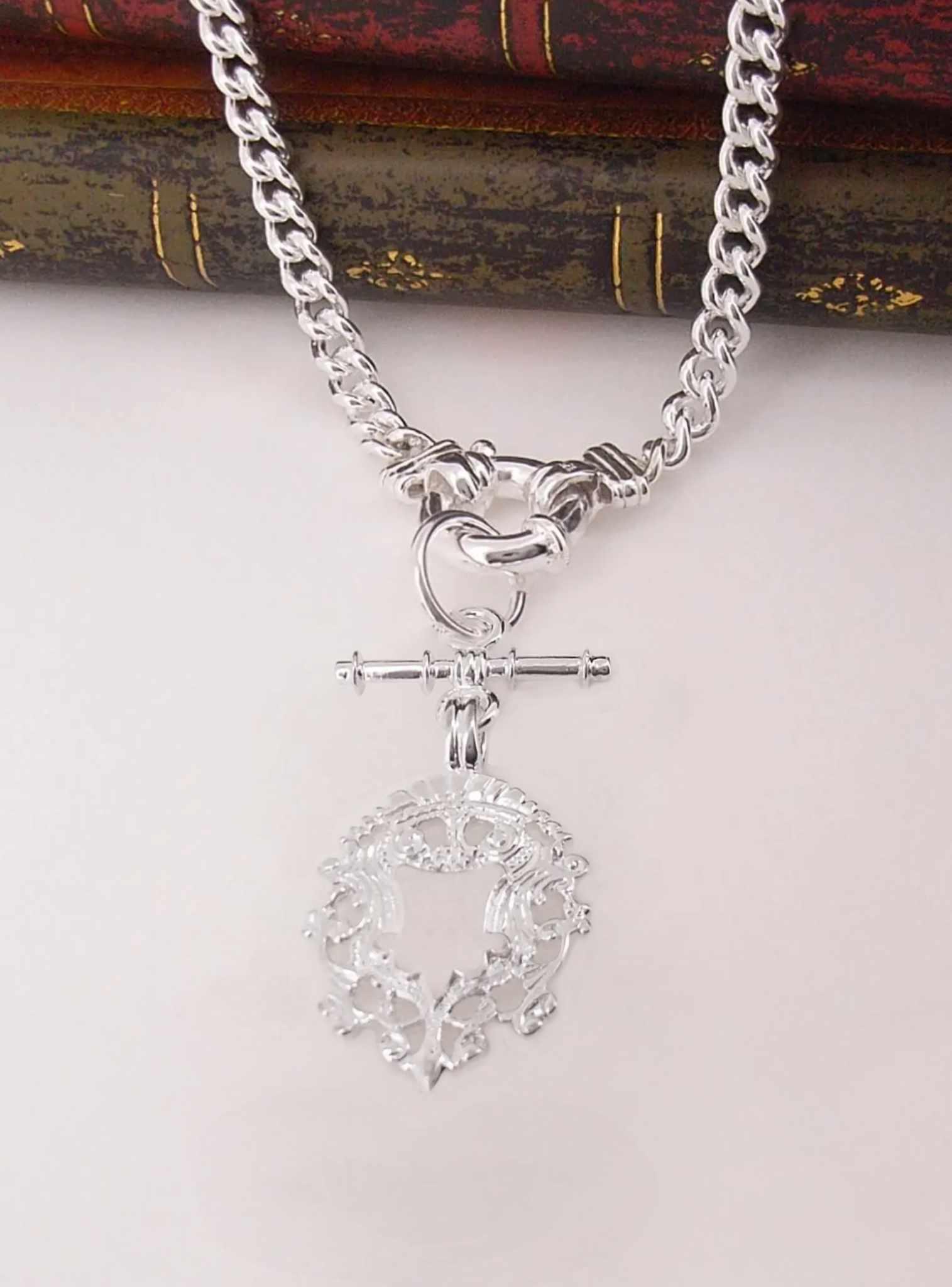 Unisex Fob Chain Shield 7mm Curb Necklace in Sterling Silver