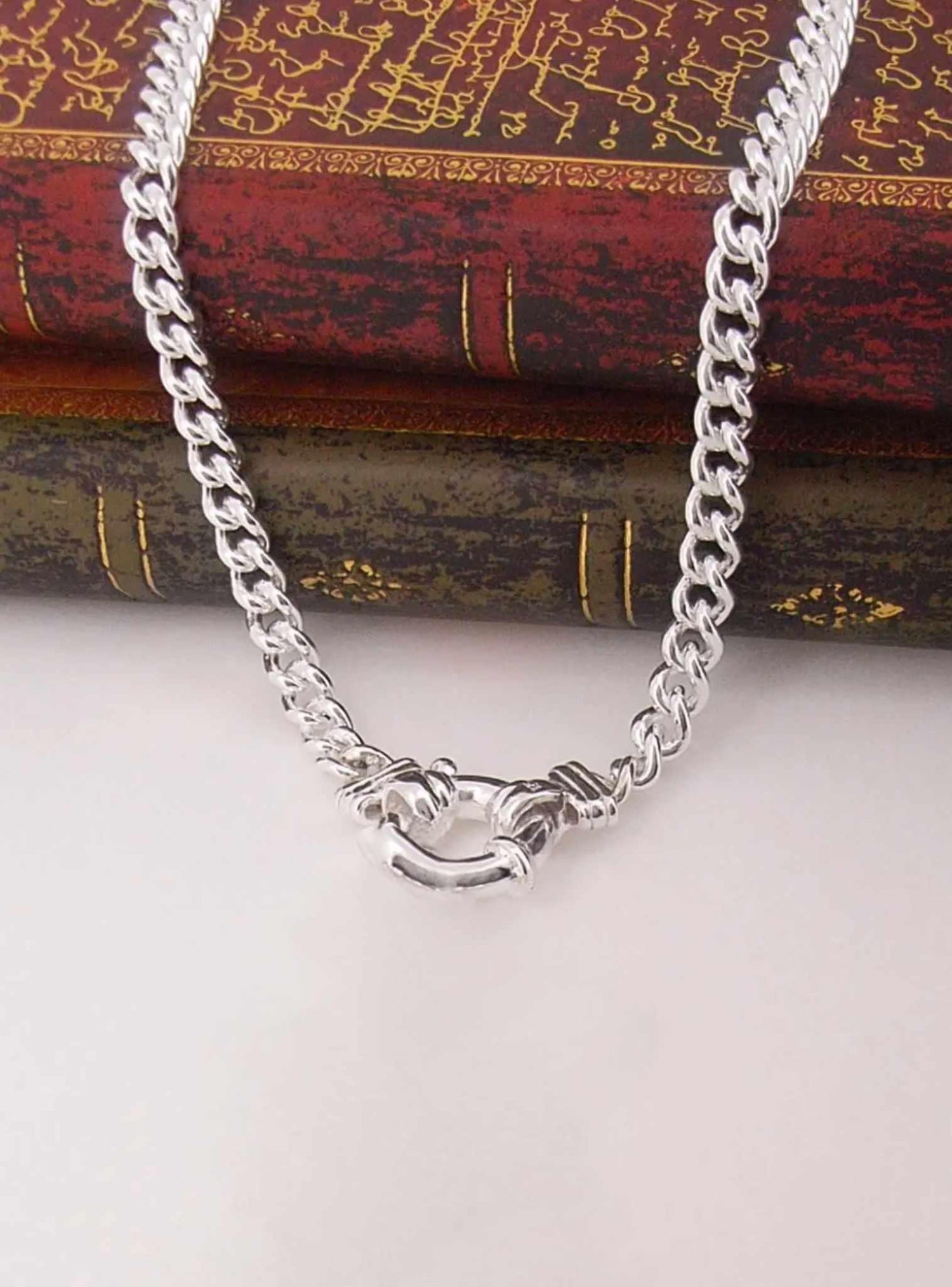 Unisex 7mm Curb Bolt Ring Necklace in Sterling Silver