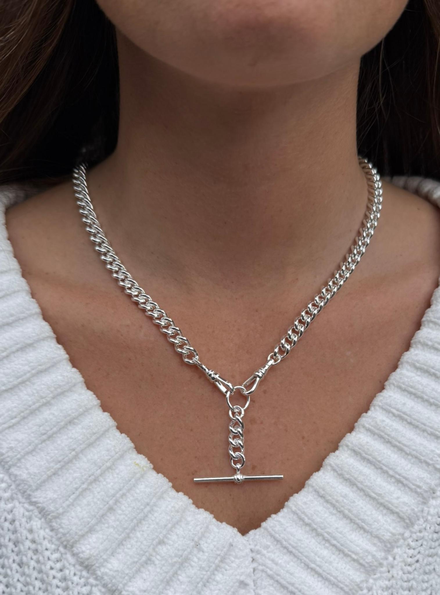 Unisex Tbar Fob 7mm Curb Chain Necklace in Sterling Silver