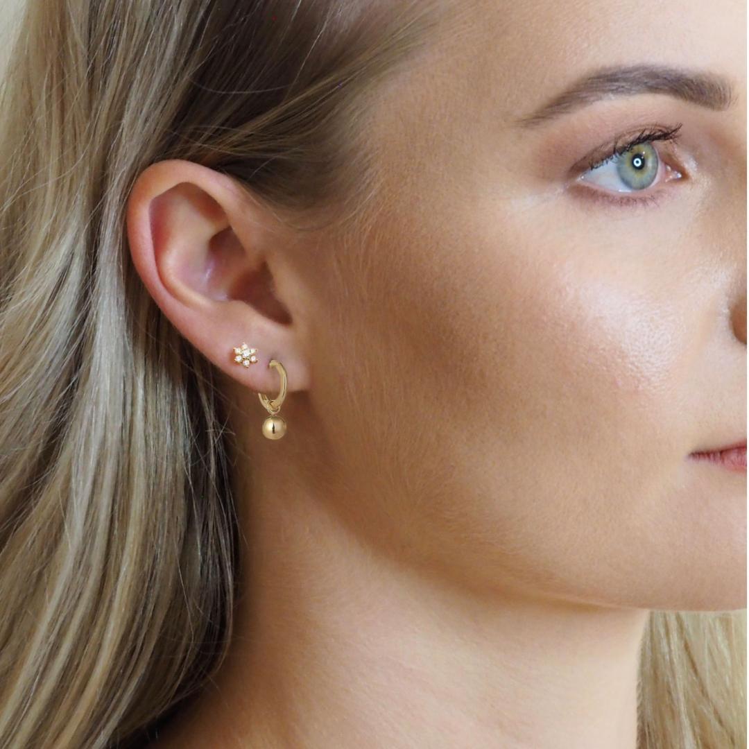 Small Huggie Hoop Ball Drop Earrings in 9ct Gold