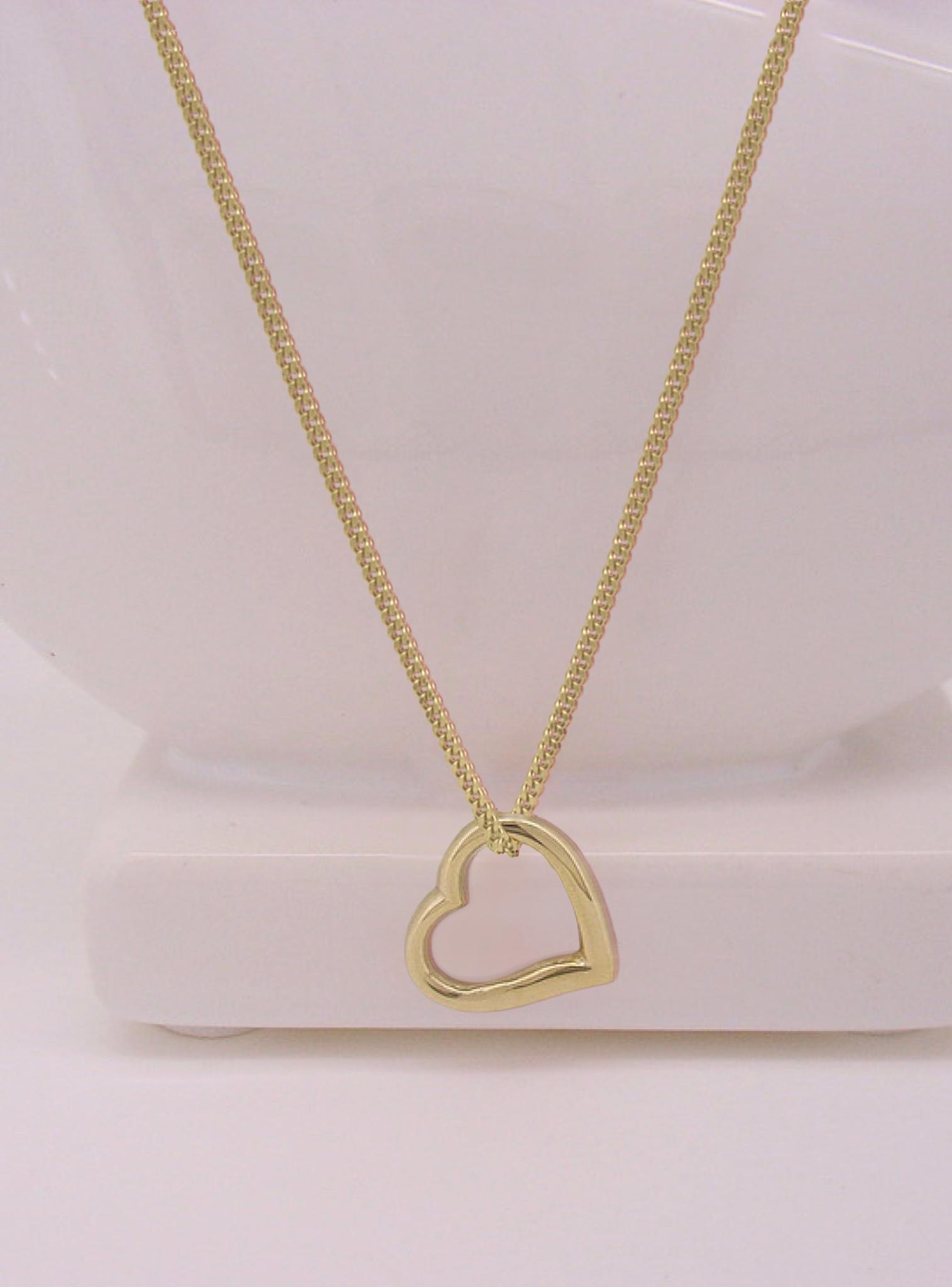 Solid 9ct Gold Swing Heart Charm Curb Necklace Chain