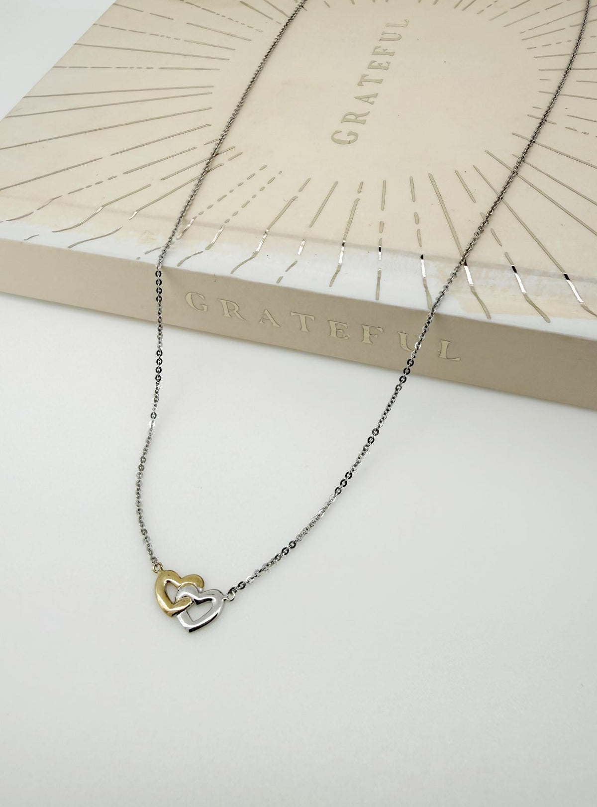 Interlocking Double Heart Charm Necklace in 9ct White Gold