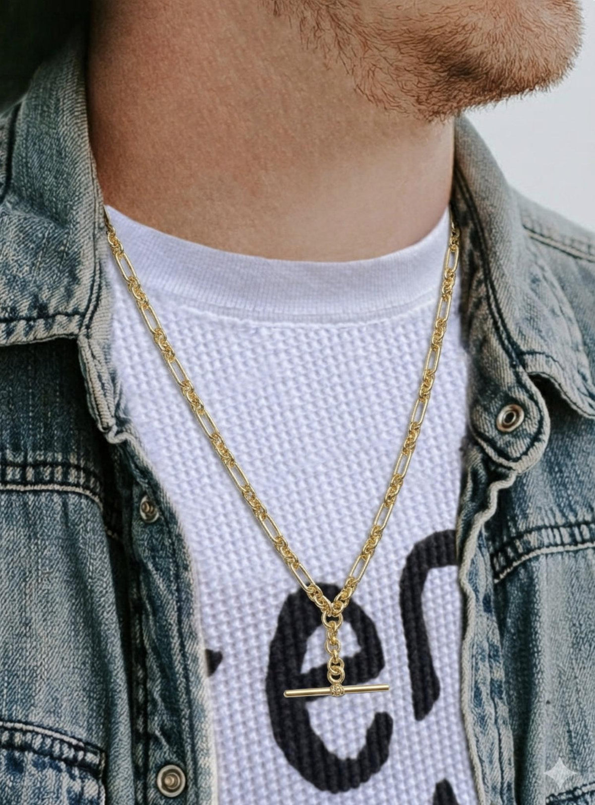 Unisex Tbar Fob Figaro Paperclip Chain Necklace in 9ct Gold
