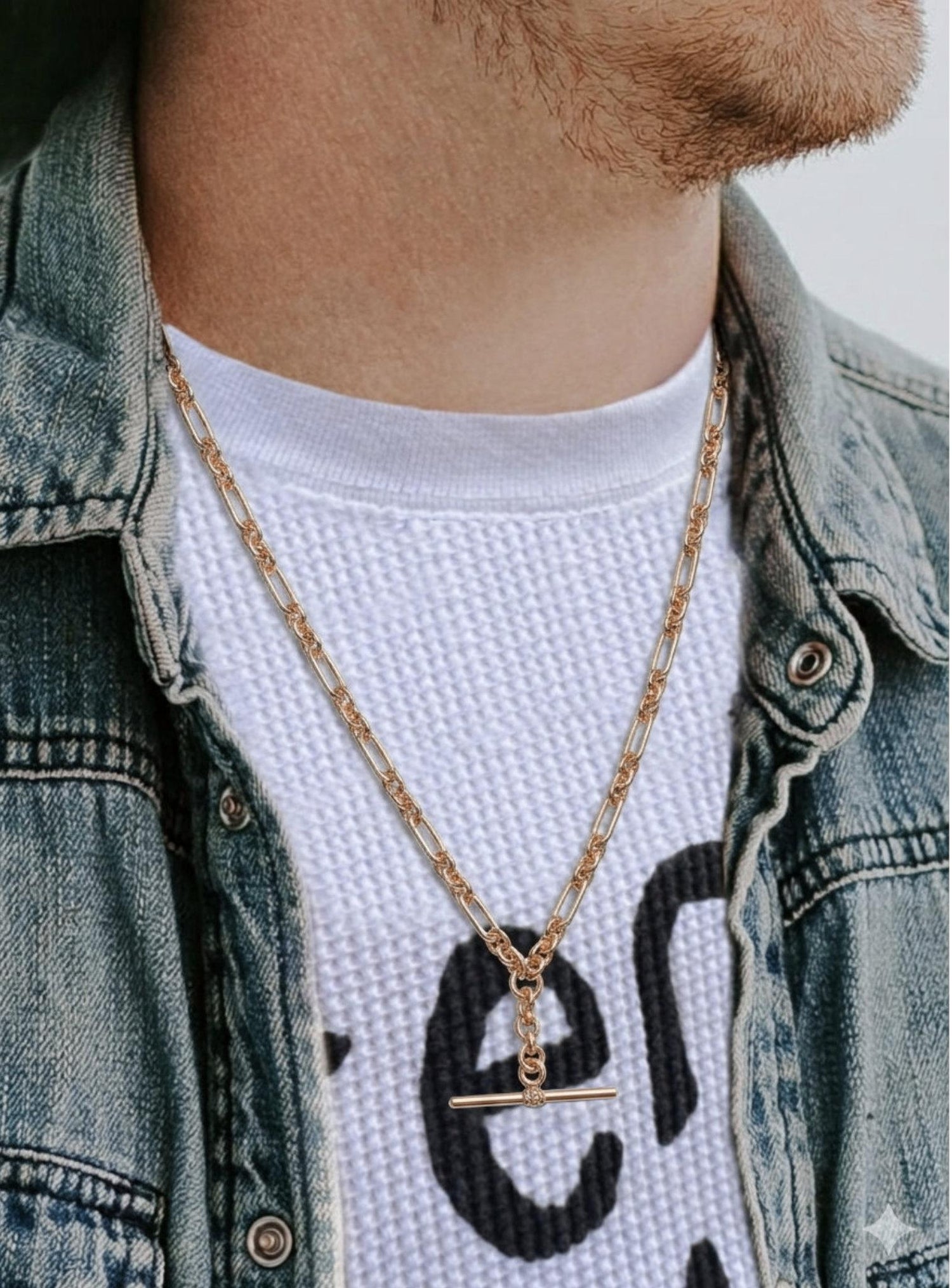Unisex Tbar Fob Figaro Paperclip Chain Necklace in 9ct Rose Gold
