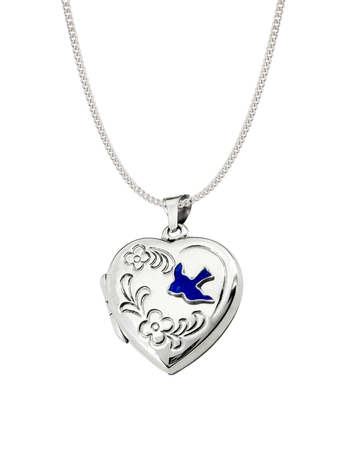 Bluebird of Happiness Flower Heart Photo Locket Necklace