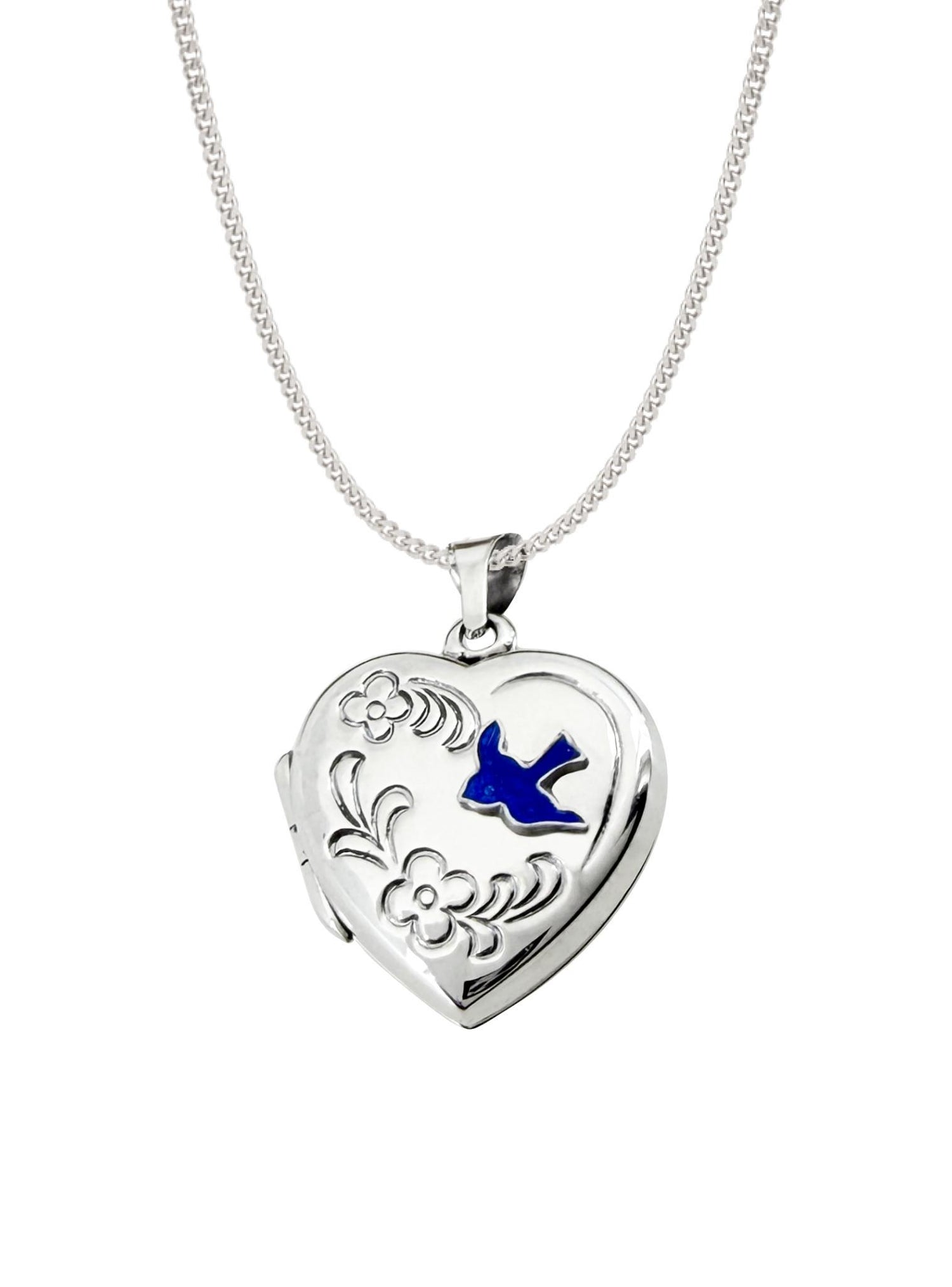 Bluebird of Happiness Flower Heart Photo Locket Necklace