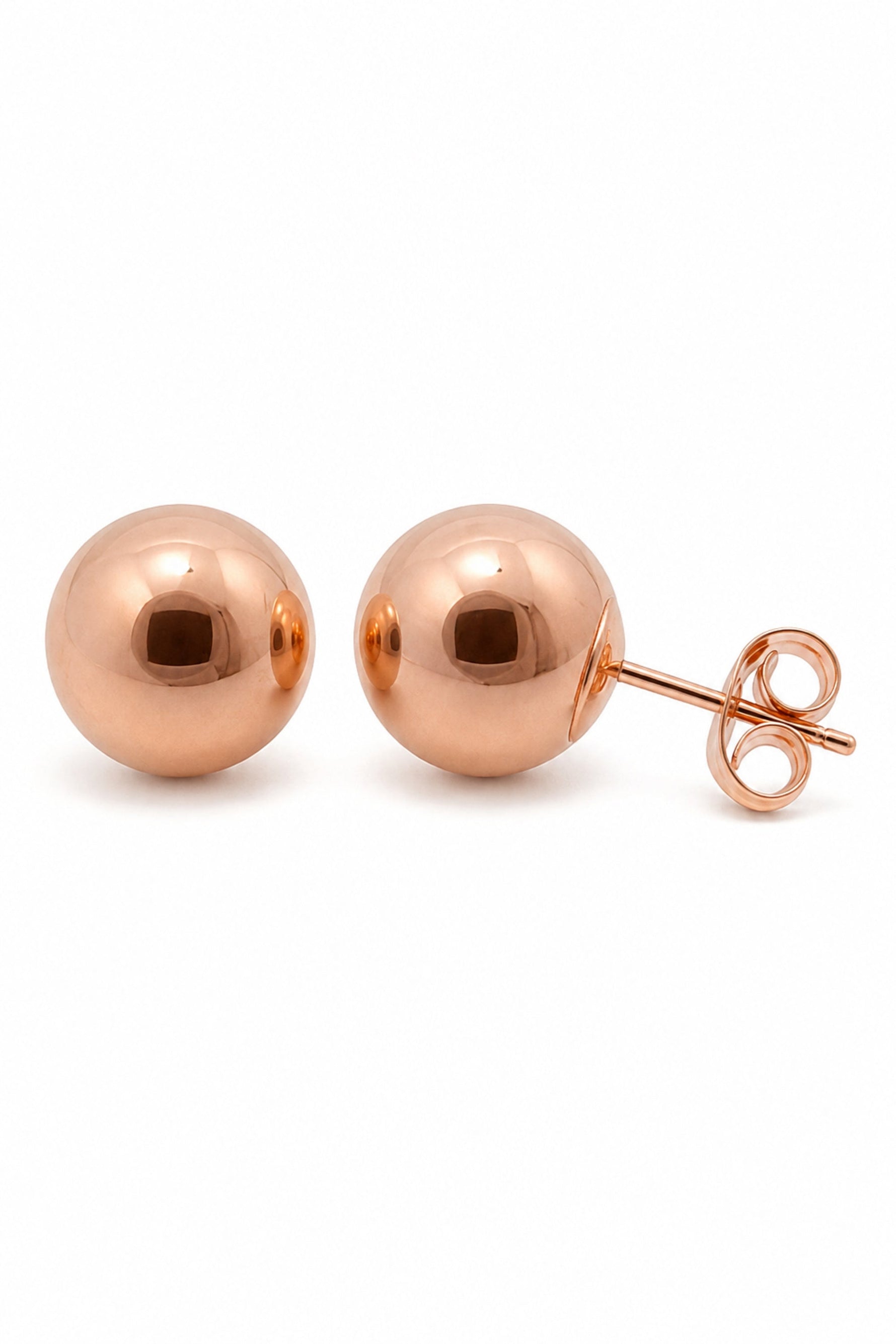 9ct rose gold 8mm ball stud earrings on a pure white background