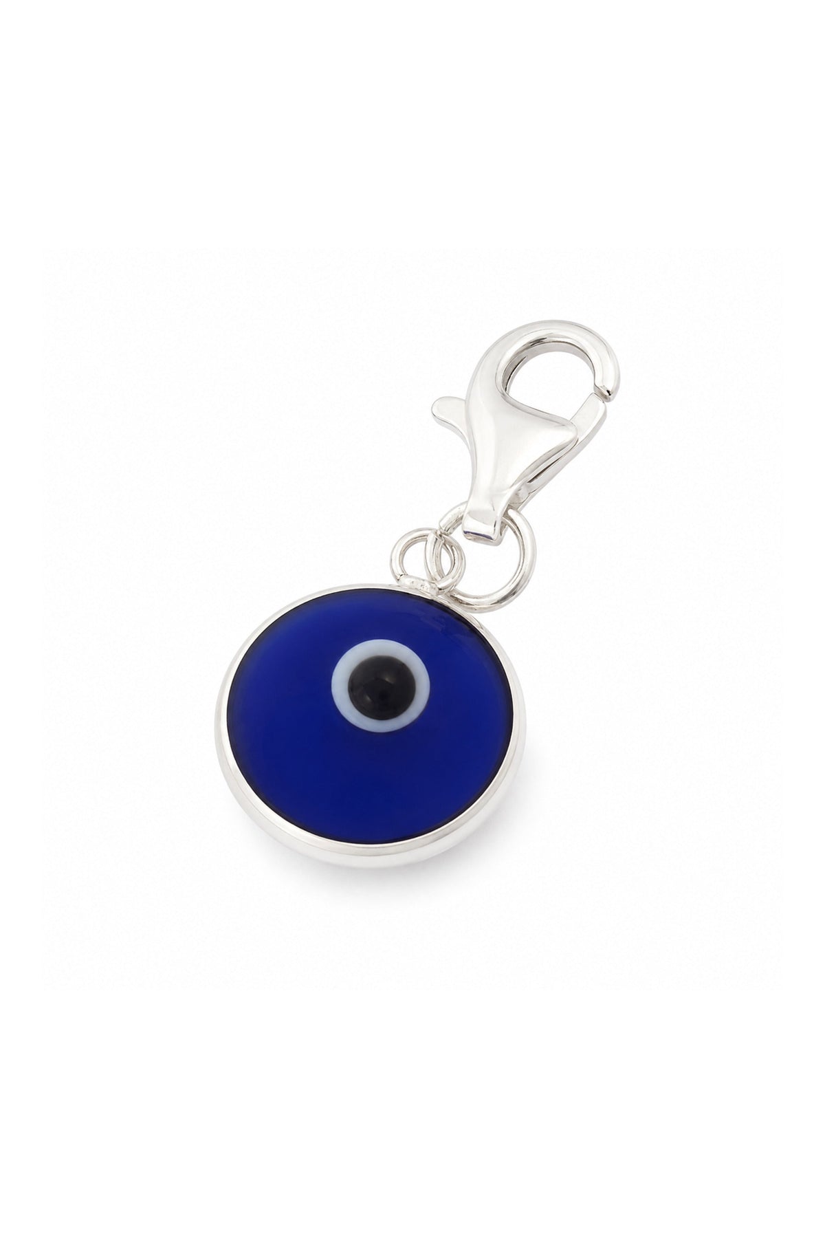 Blue 9mm evil eye sterling silver clip-on charm on a white background