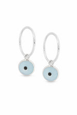 Baby blue evil eye sterling silver charm sleeper earrings on a white background