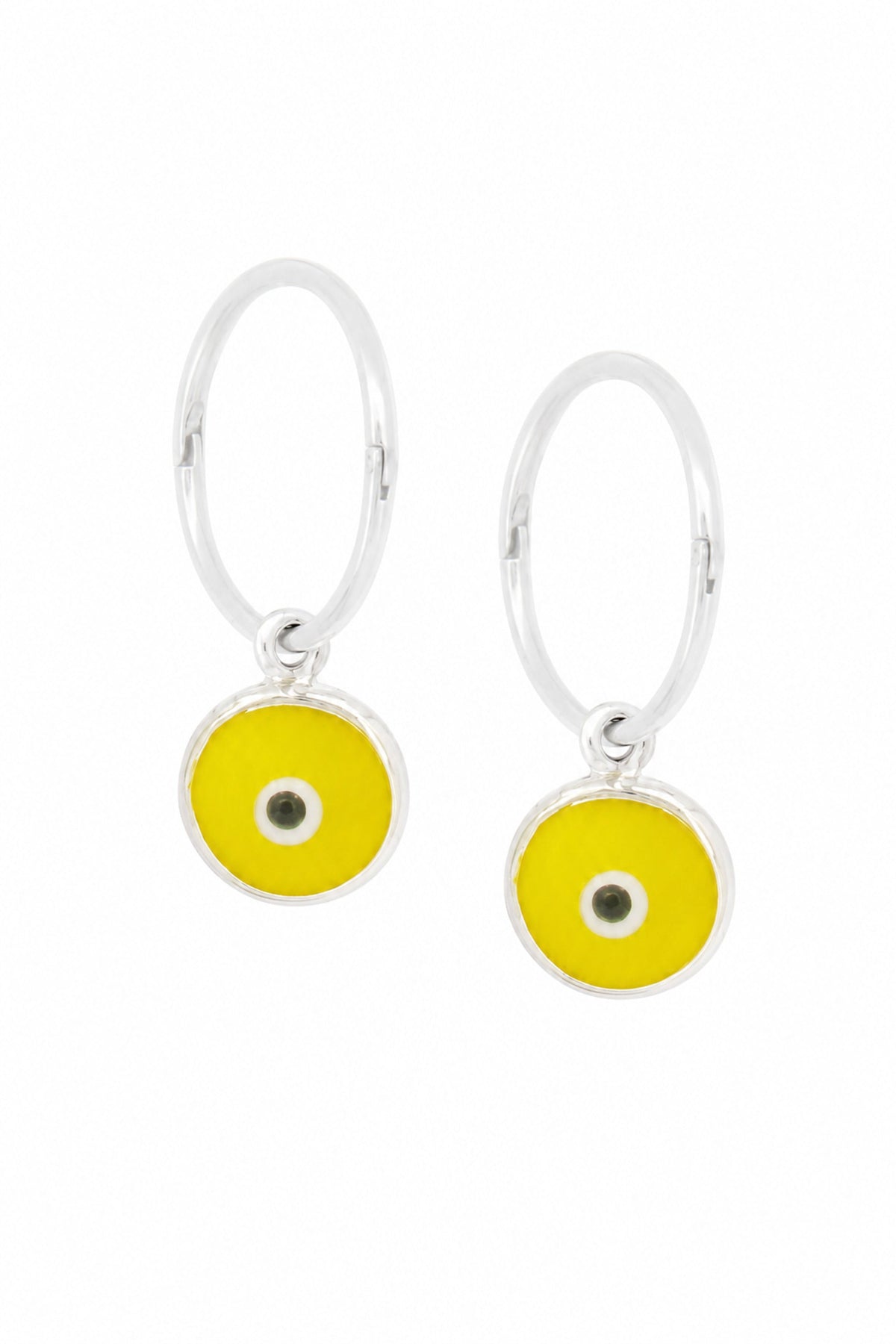 Baby yellow evil eye sterling silver charm sleeper earrings on a white background