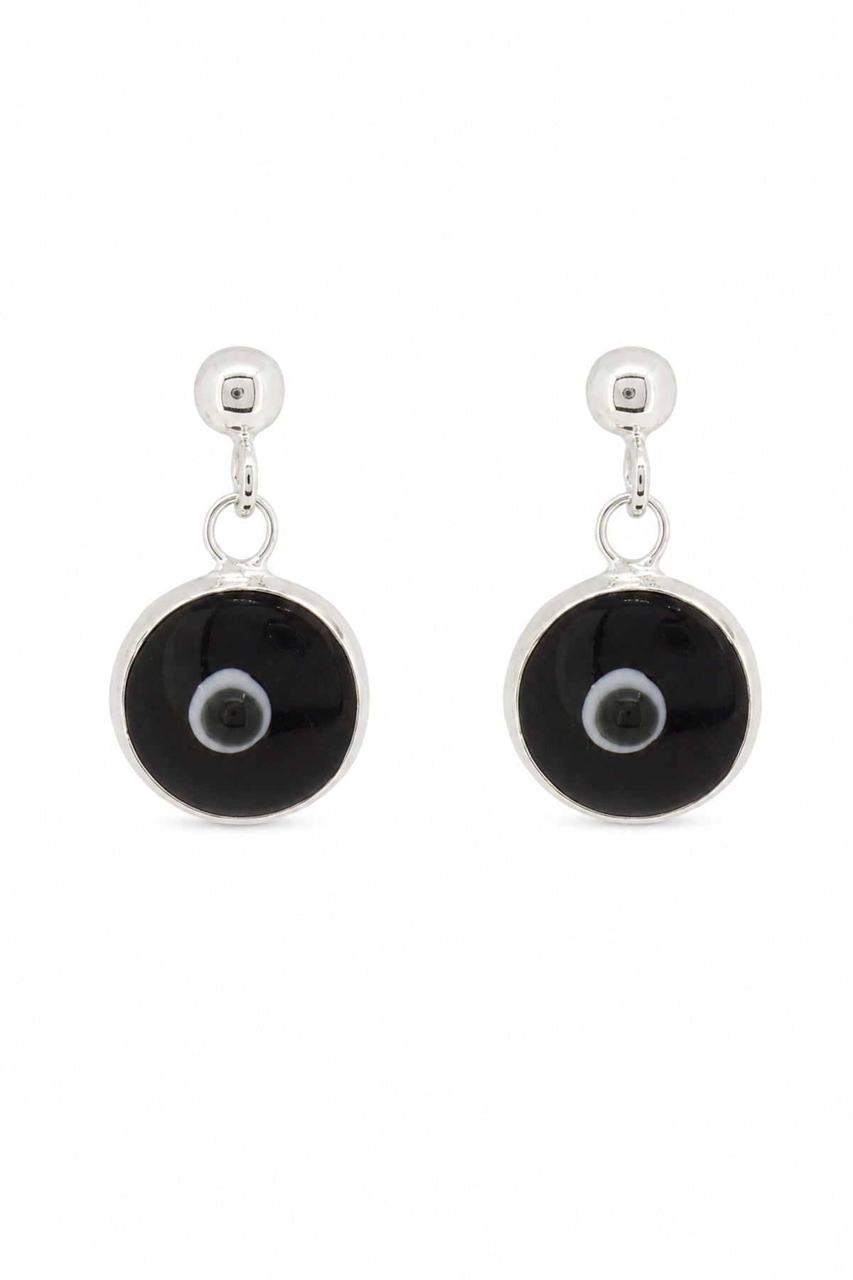 Black evil eye sterling silver ball stud earrings on a white background