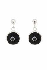 Black evil eye sterling silver ball stud earrings on a white background
