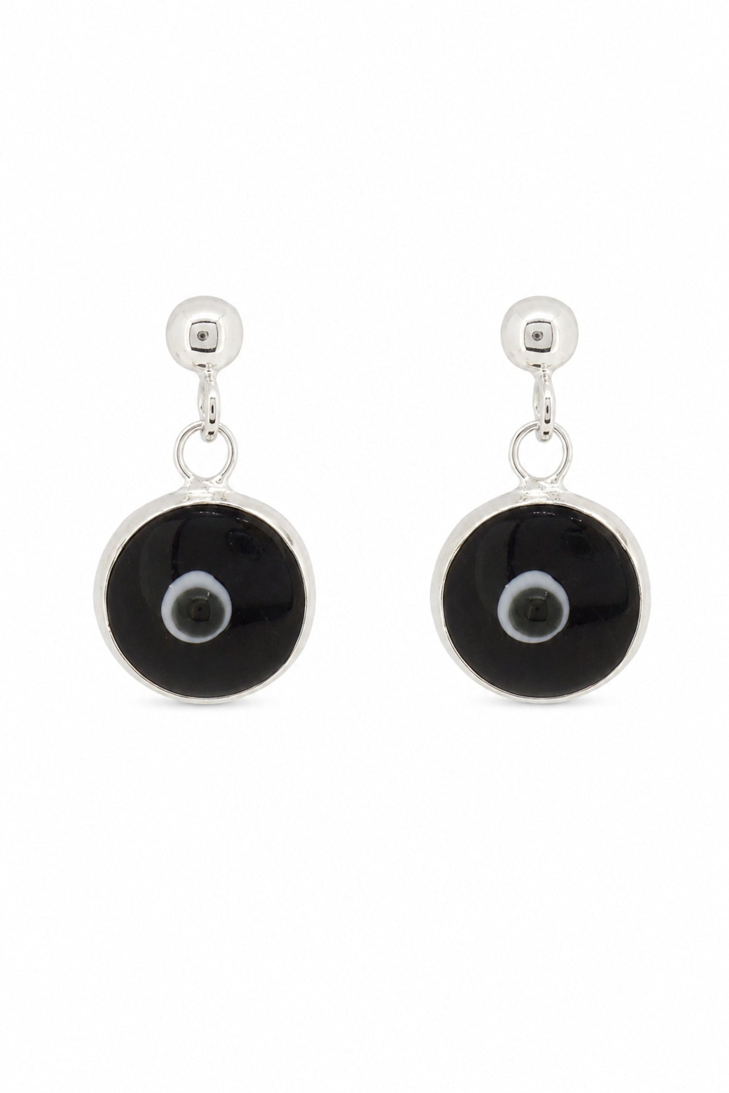 Black evil eye sterling silver ball stud earrings on a white background
