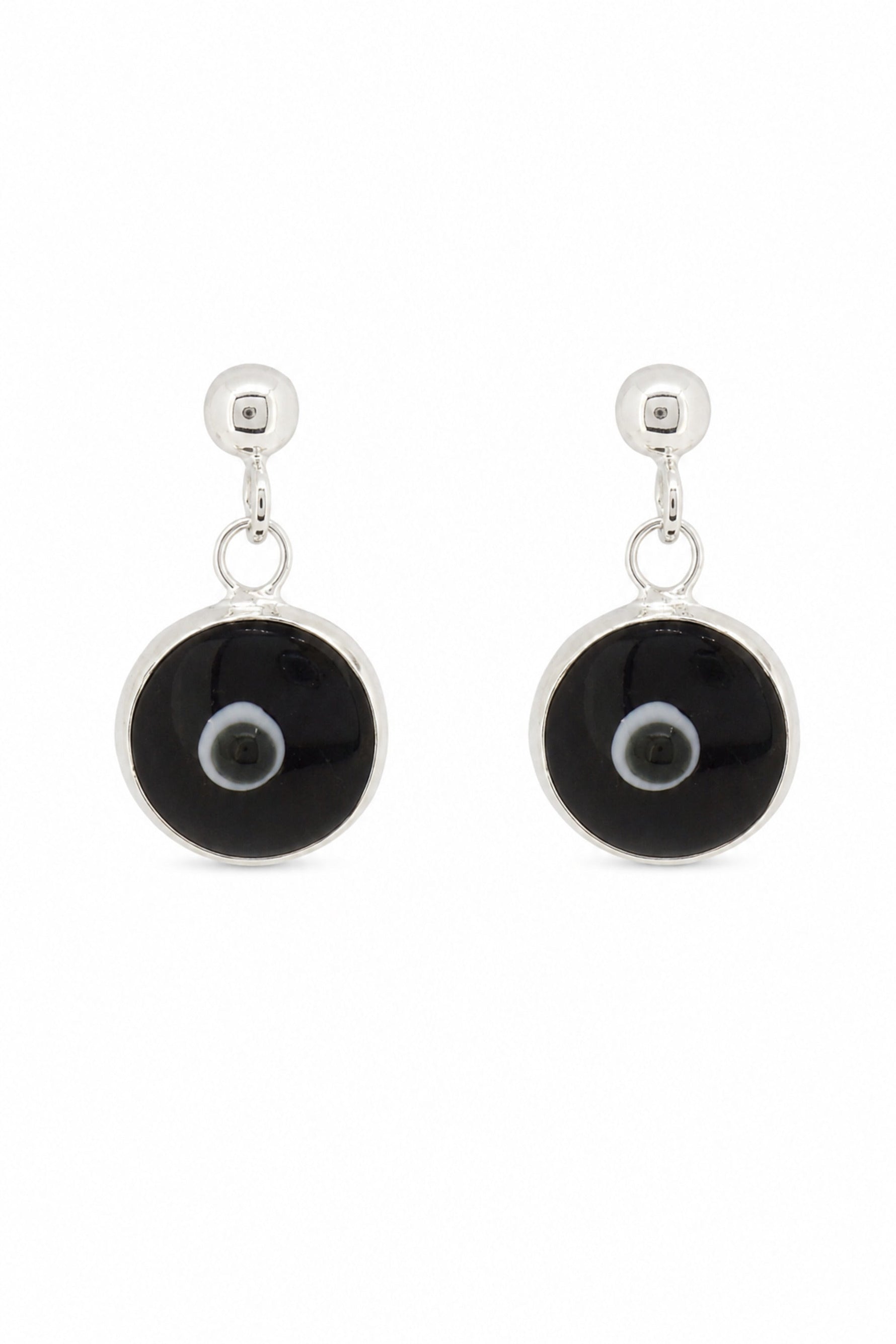 Black evil eye sterling silver ball stud earrings on a white background