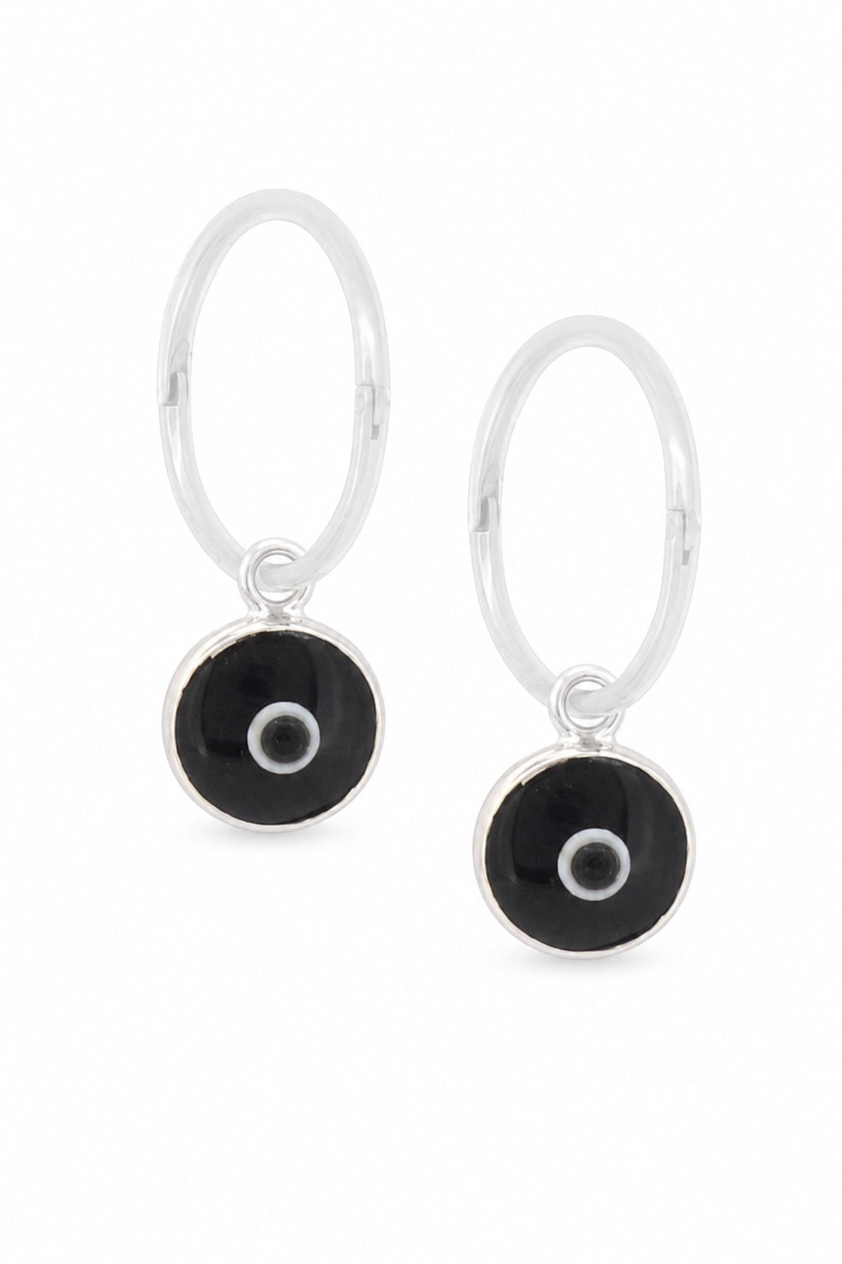 Black evil eye sterling silver charm sleeper earrings on a white background