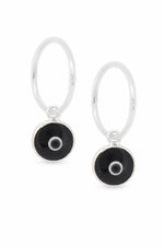 Black evil eye sterling silver charm sleeper earrings on a white background