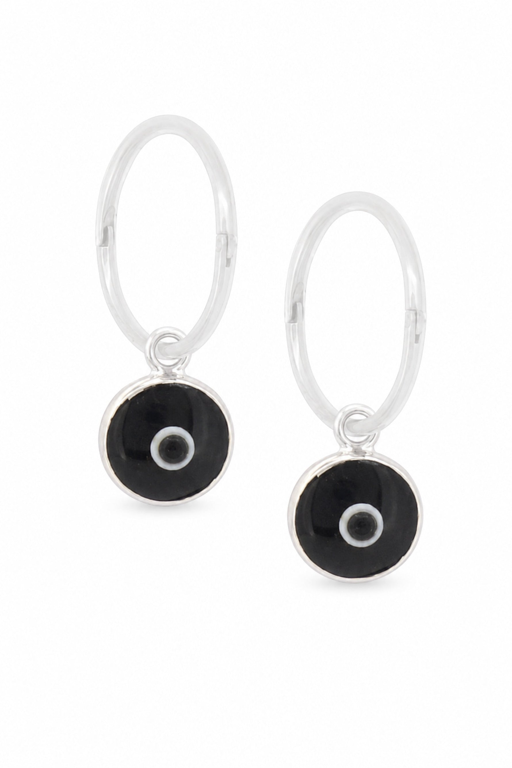 Black evil eye sterling silver charm sleeper earrings on a white background