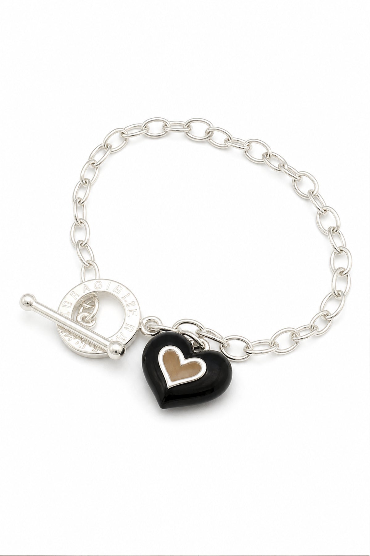Pastiche 5.5mm Cable Black Enamel Heart Toggle Charm Bracelet