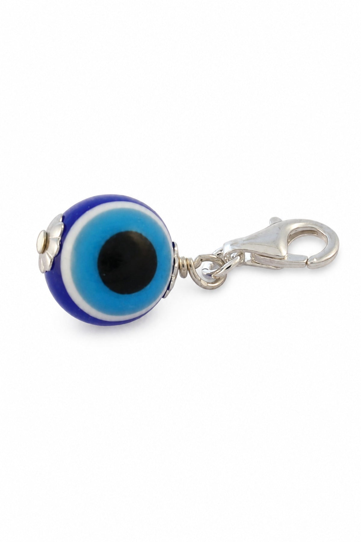 Blue acrylic ball evil eye sterling silver clip-on charm on a white background