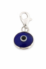 Blue evil eye sterling silver clip-on charm on a white background