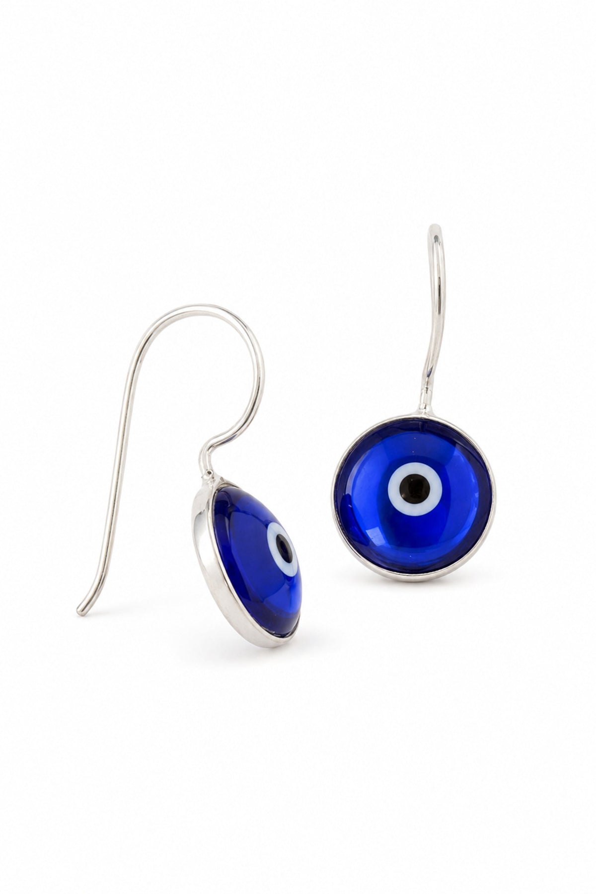 Blue evil eye sterling silver hook earrings on a white background