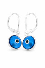 Sterling silver 9mm blue evil eye safety-hook earrings on a pure white background