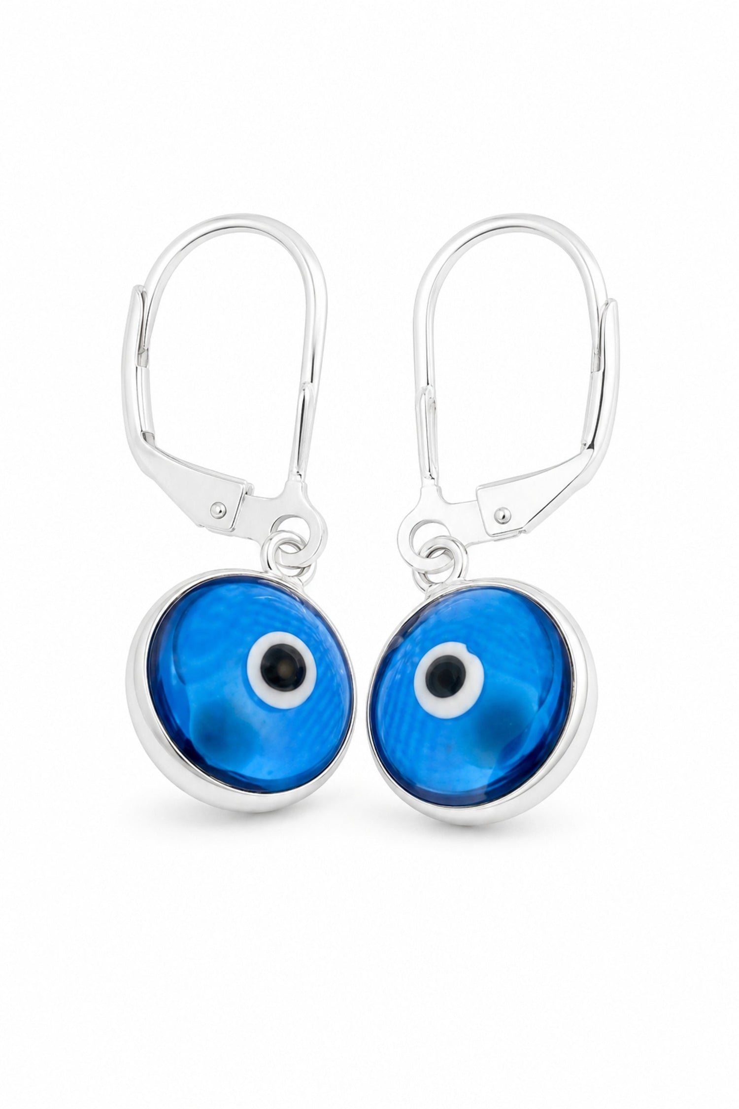 Sterling silver 9mm blue evil eye safety-hook earrings on a pure white background