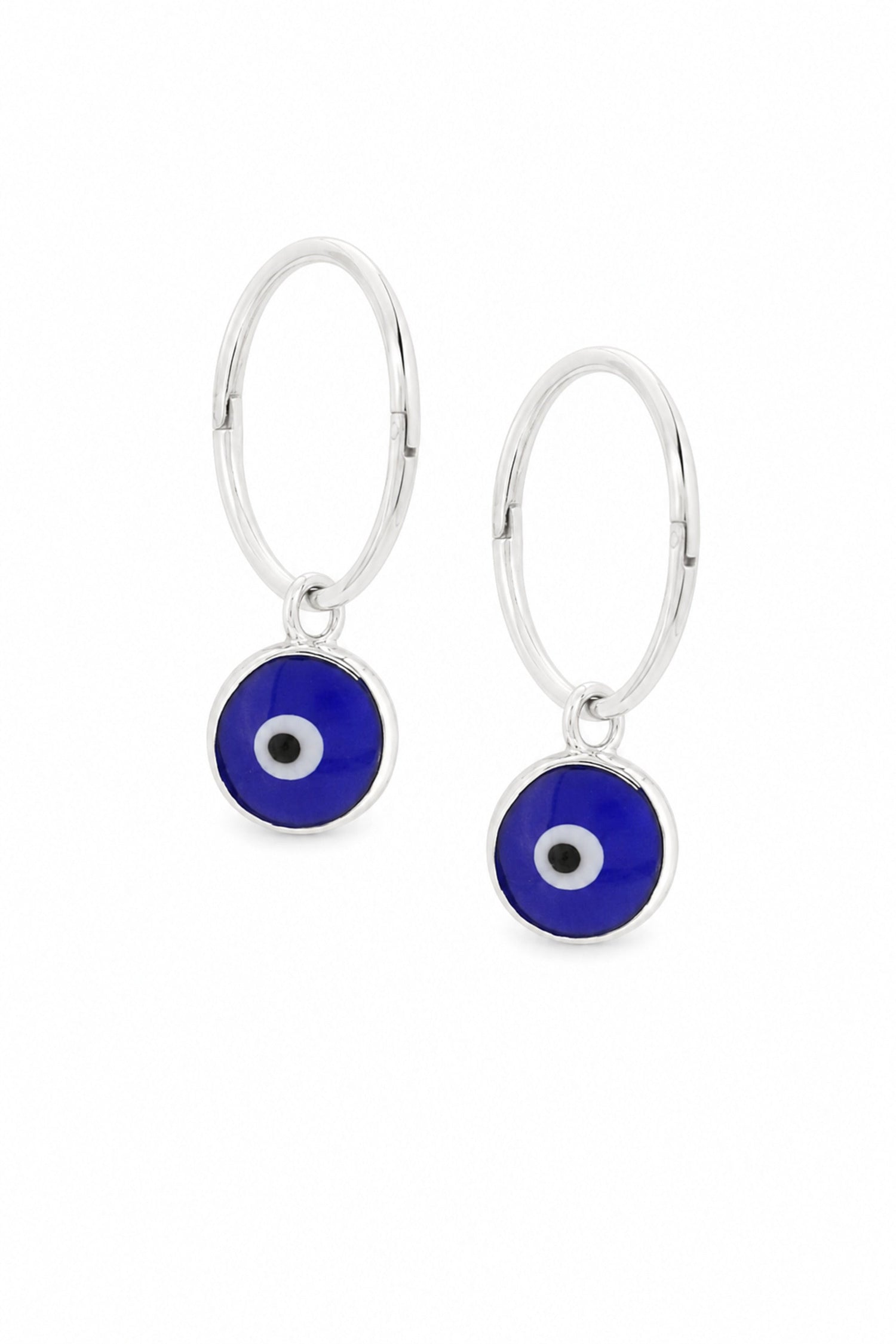 Blue evil eye sterling silver charm sleeper earrings on a white background