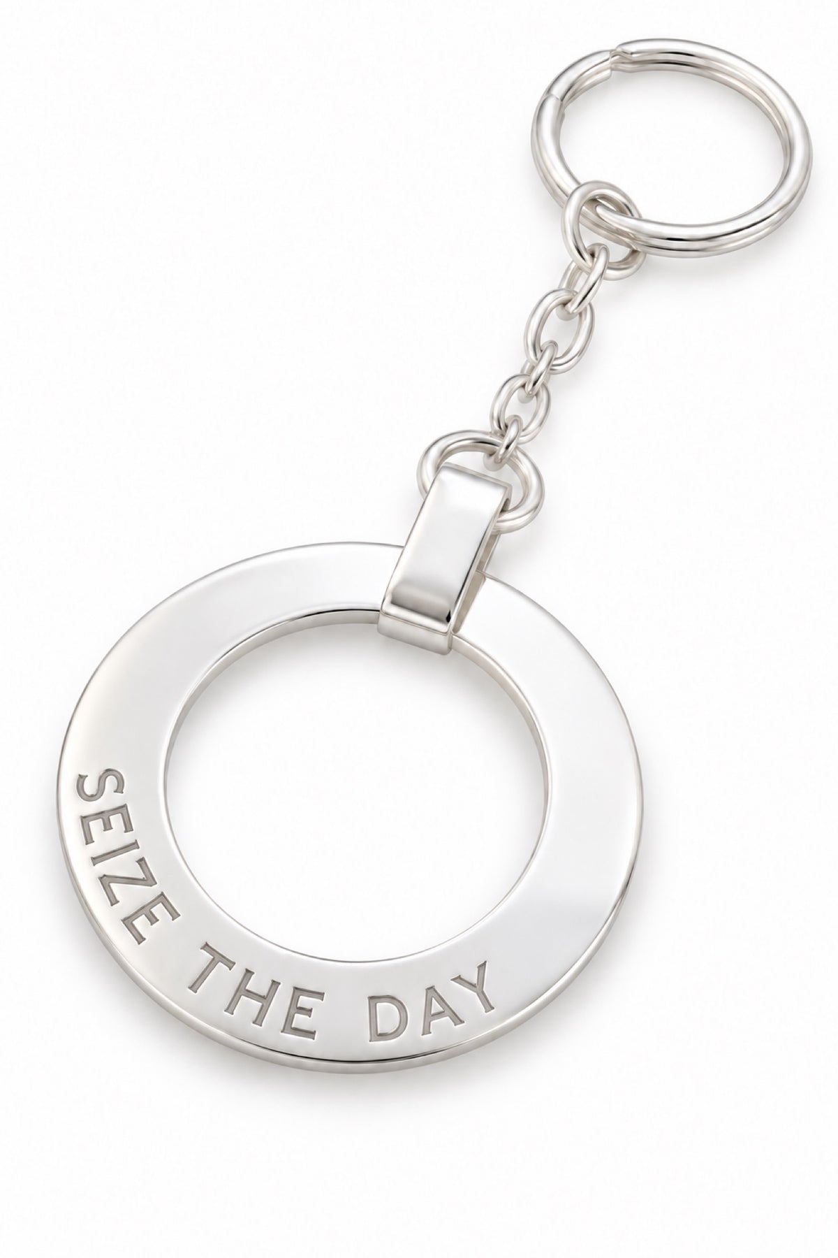 Sterling silver 37mm Circle of Life personalised key ring with natural SEIZE THE DAY engraving
