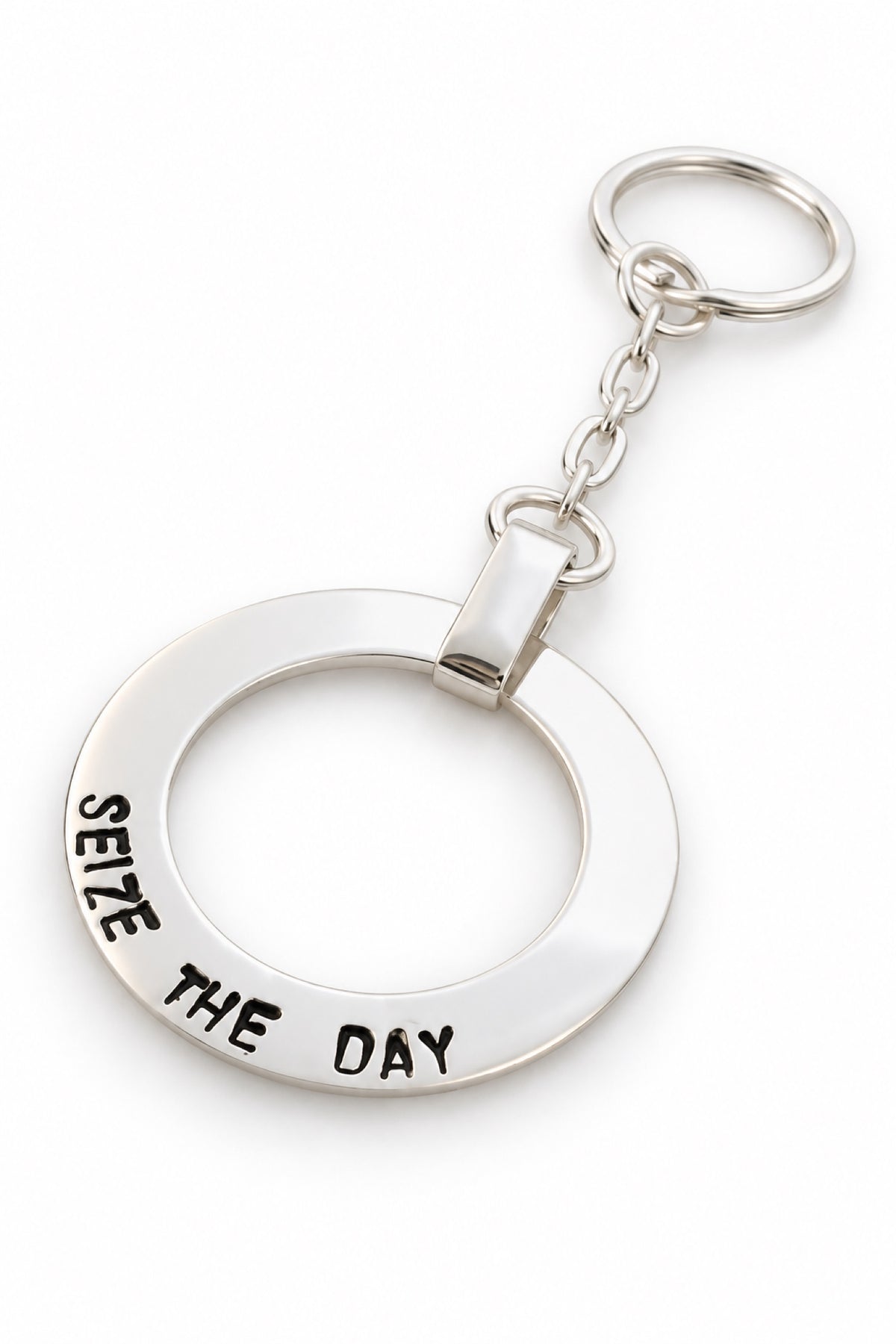 Sterling silver 37mm Circle of Life personalised key ring with oxidised SEIZE THE DAY engraving