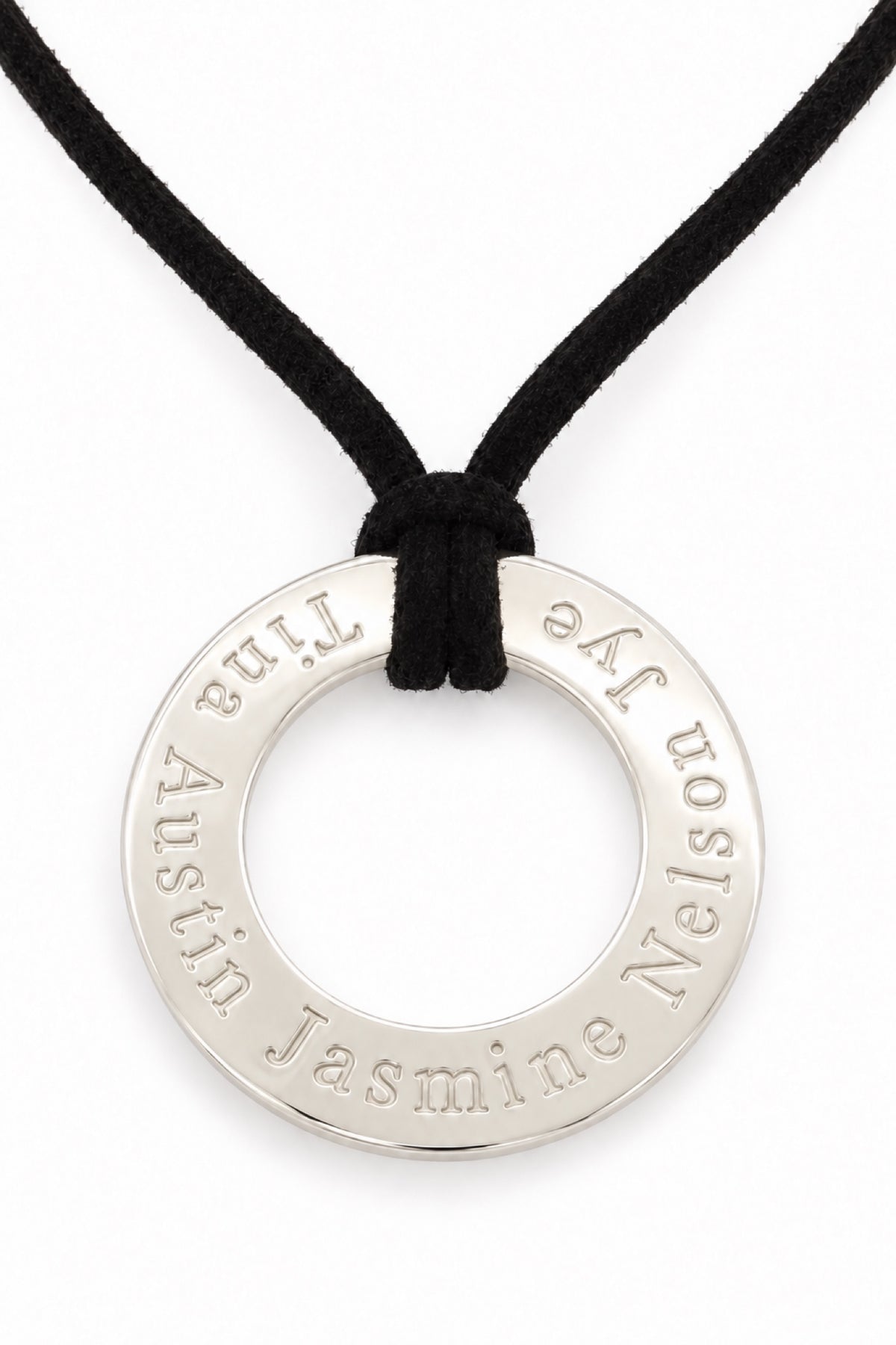Sterling silver circle-of-life personalised name pendant with natural stamping
