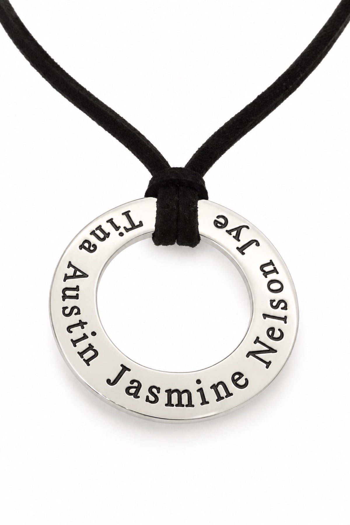 Sterling silver circle-of-life personalised name pendant with oxidised stamping