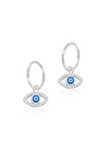 Cubic zirconia evil eye charms and sleeper earrings in sterling silver on a white background