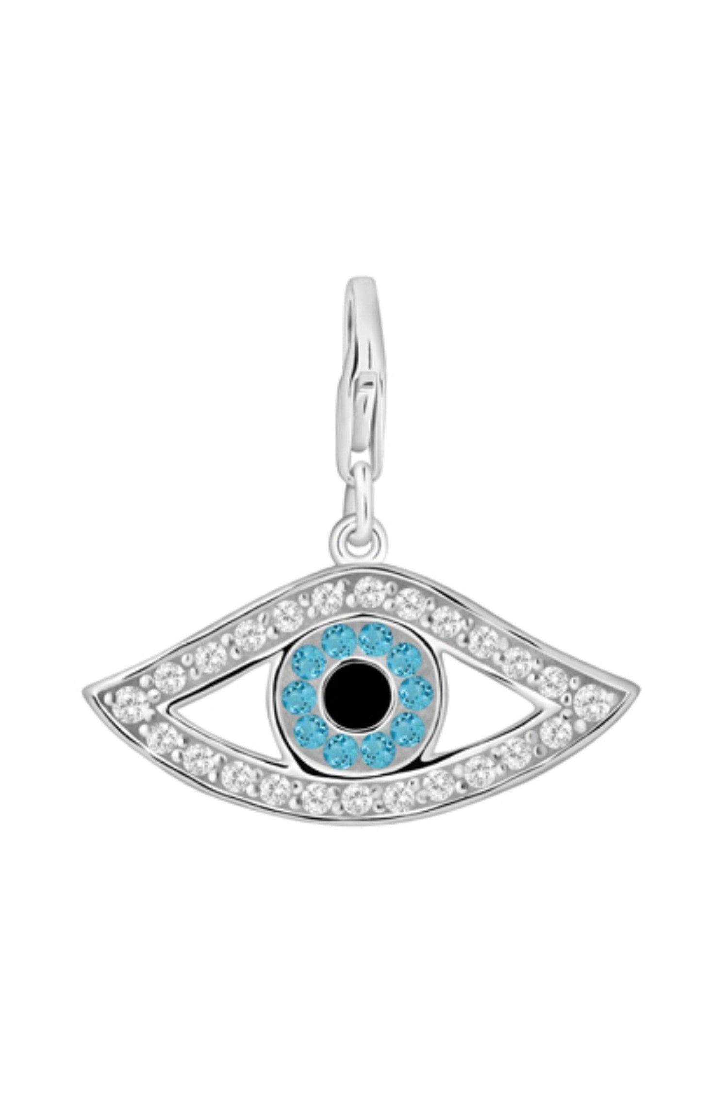 Sterling silver cubic zirconia evil eye clip-on charm pendant on a white background