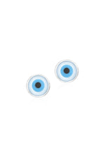 Evil eye charm disc stud earrings in sterling silver on a white background