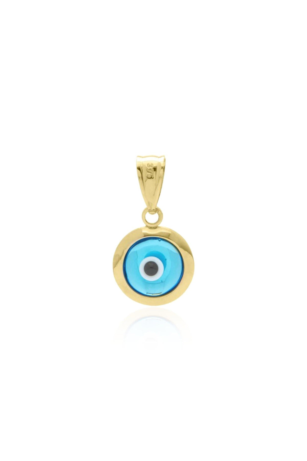 Good luck protection evil eye charm pendant in 9ct gold on a white background