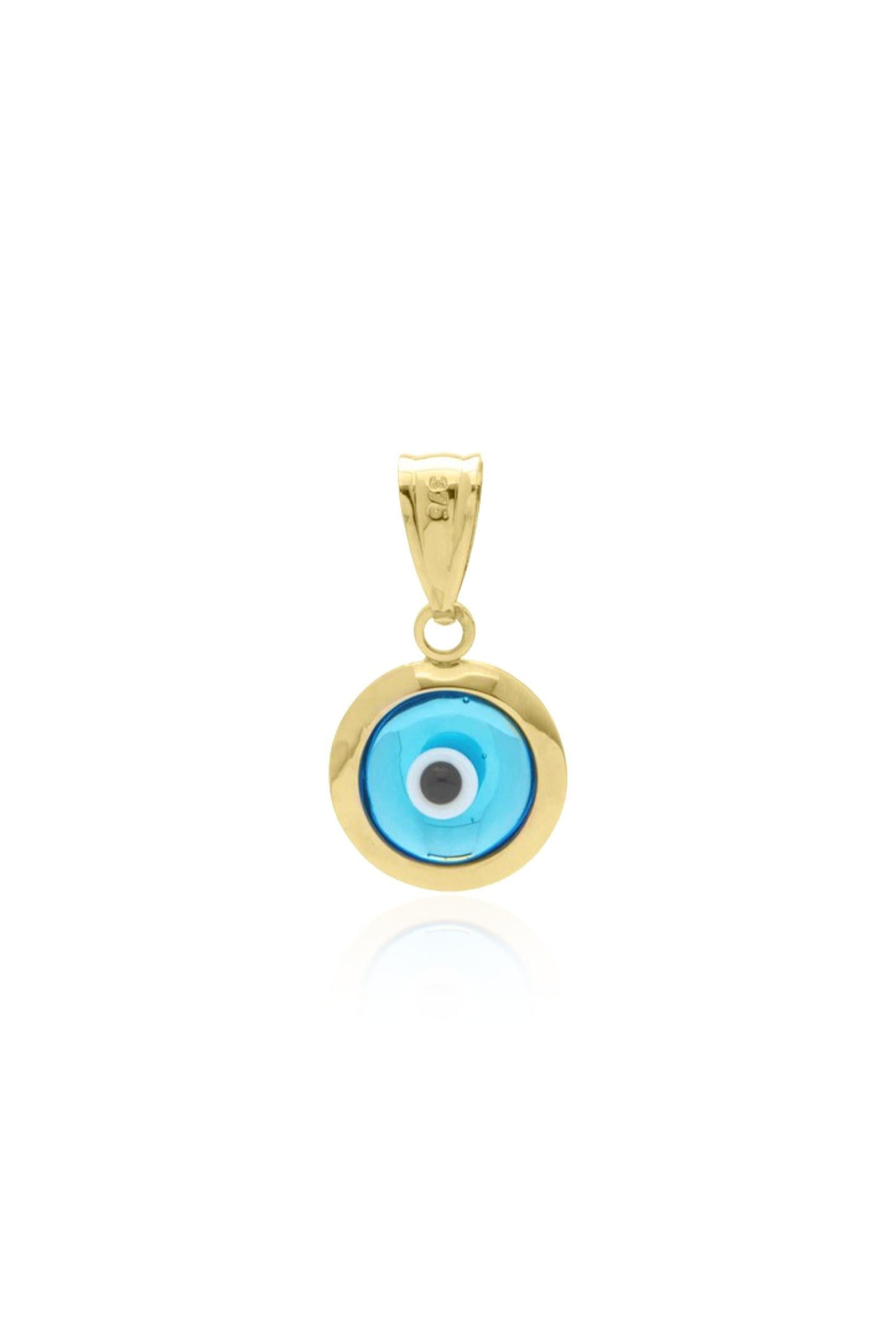 Good luck protection evil eye charm pendant in 9ct gold on a white background