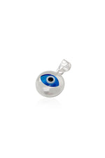 Lucky protection evil eye charm pendant in sterling silver on a white background