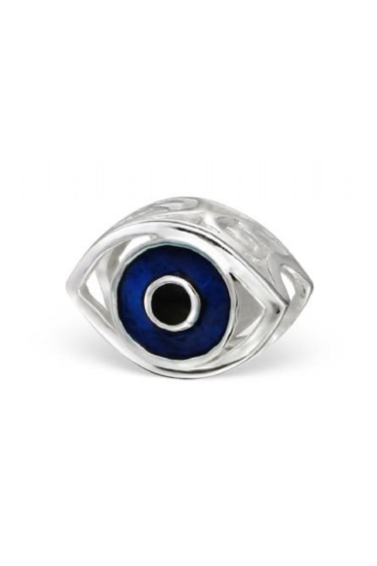Sterling silver evil eye European bead charm on a white background