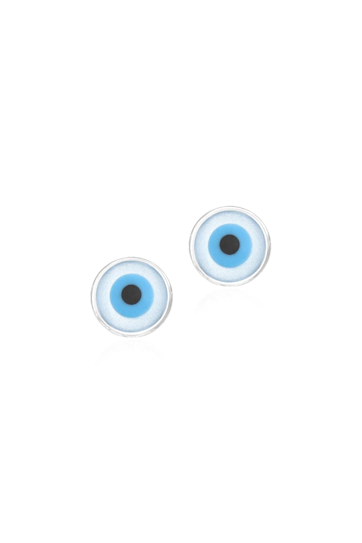 Evil eye protection charm stud earrings in sterling silver on a white background