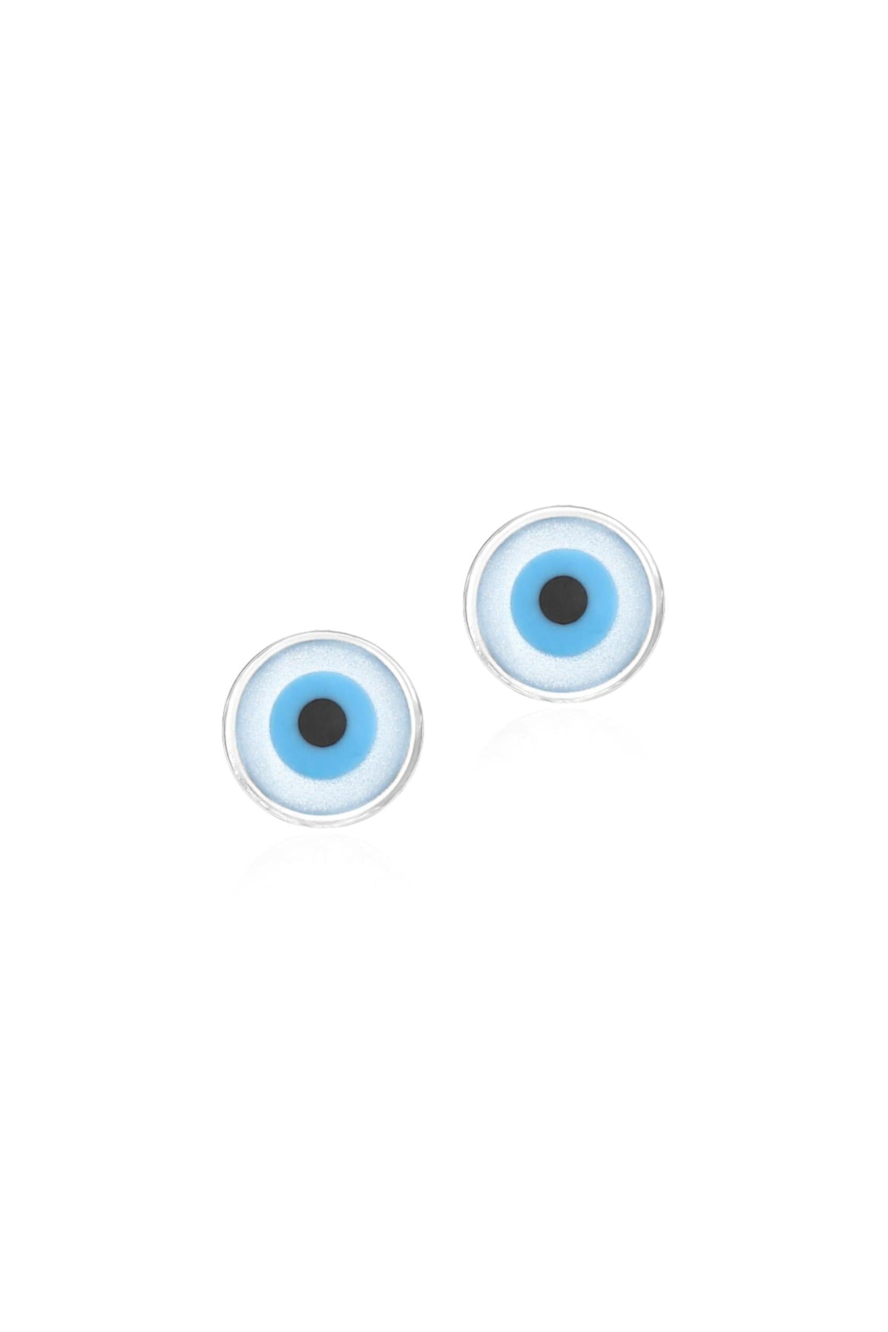 Evil eye protection charm stud earrings in sterling silver on a white background