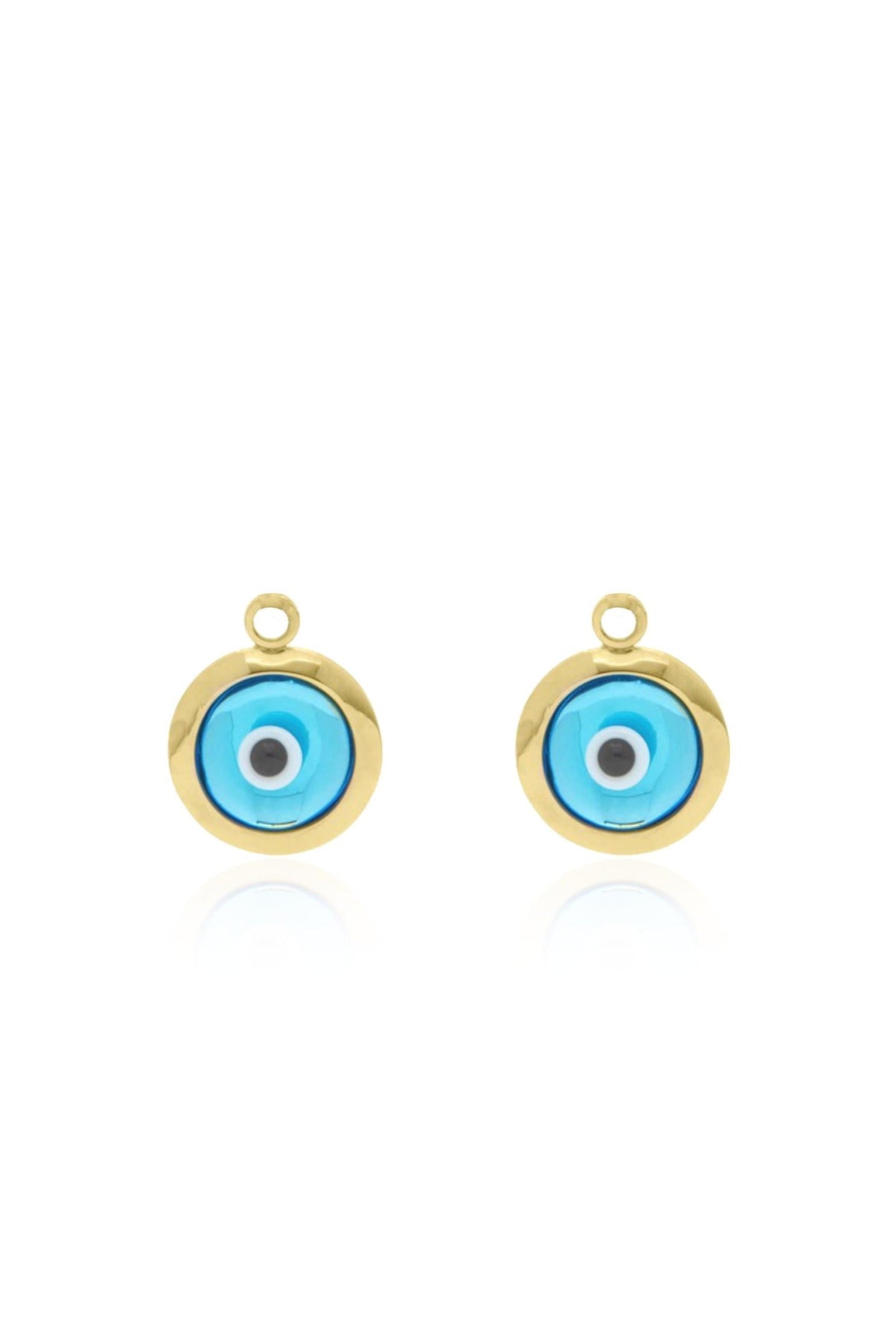 Pair of evil eye sleeper earring charms in 9ct gold on a white background