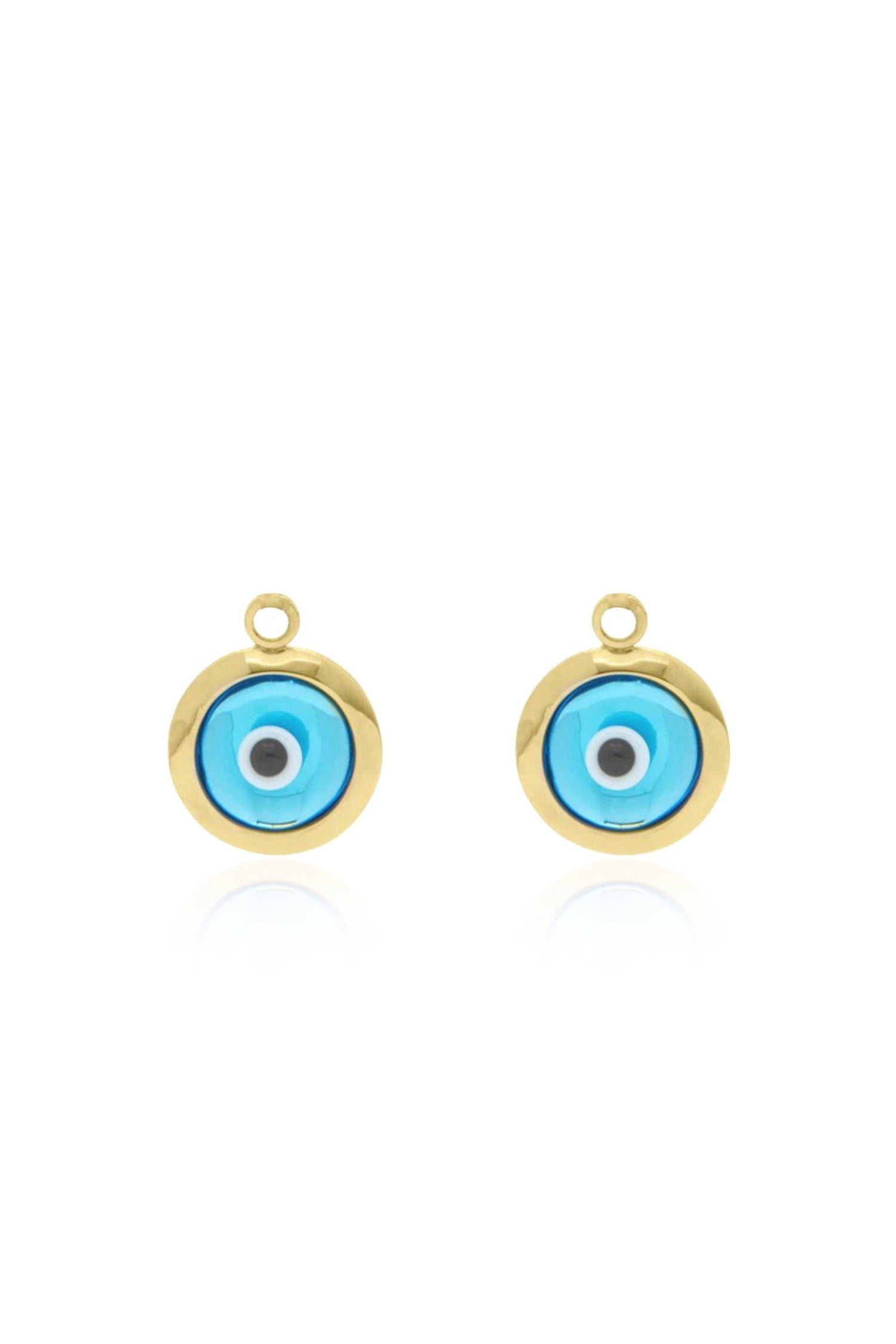 Pair of evil eye sleeper earring charms in 9ct gold on a white background