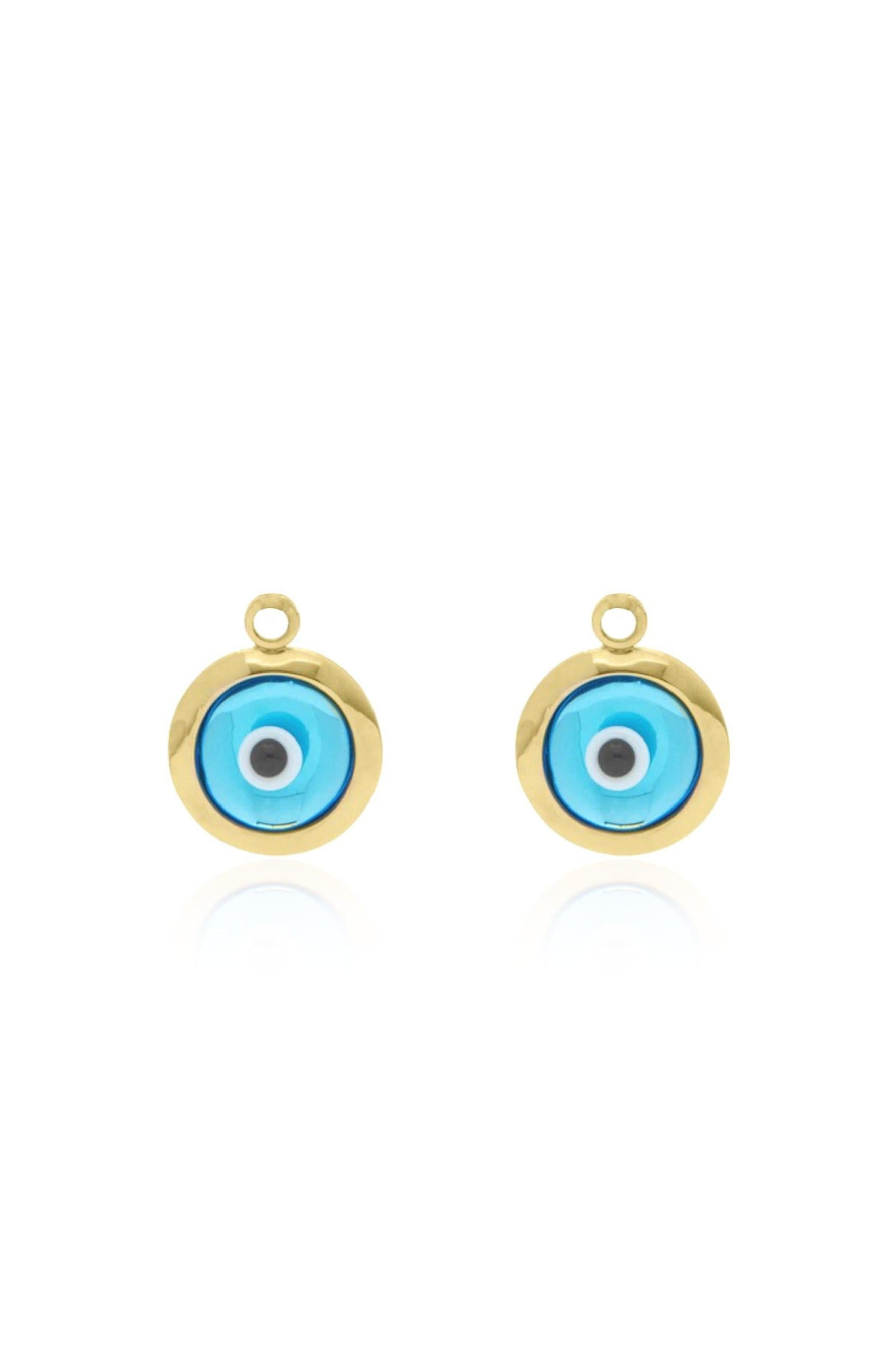 Pair of evil eye sleeper earring charms in 9ct gold on a white background