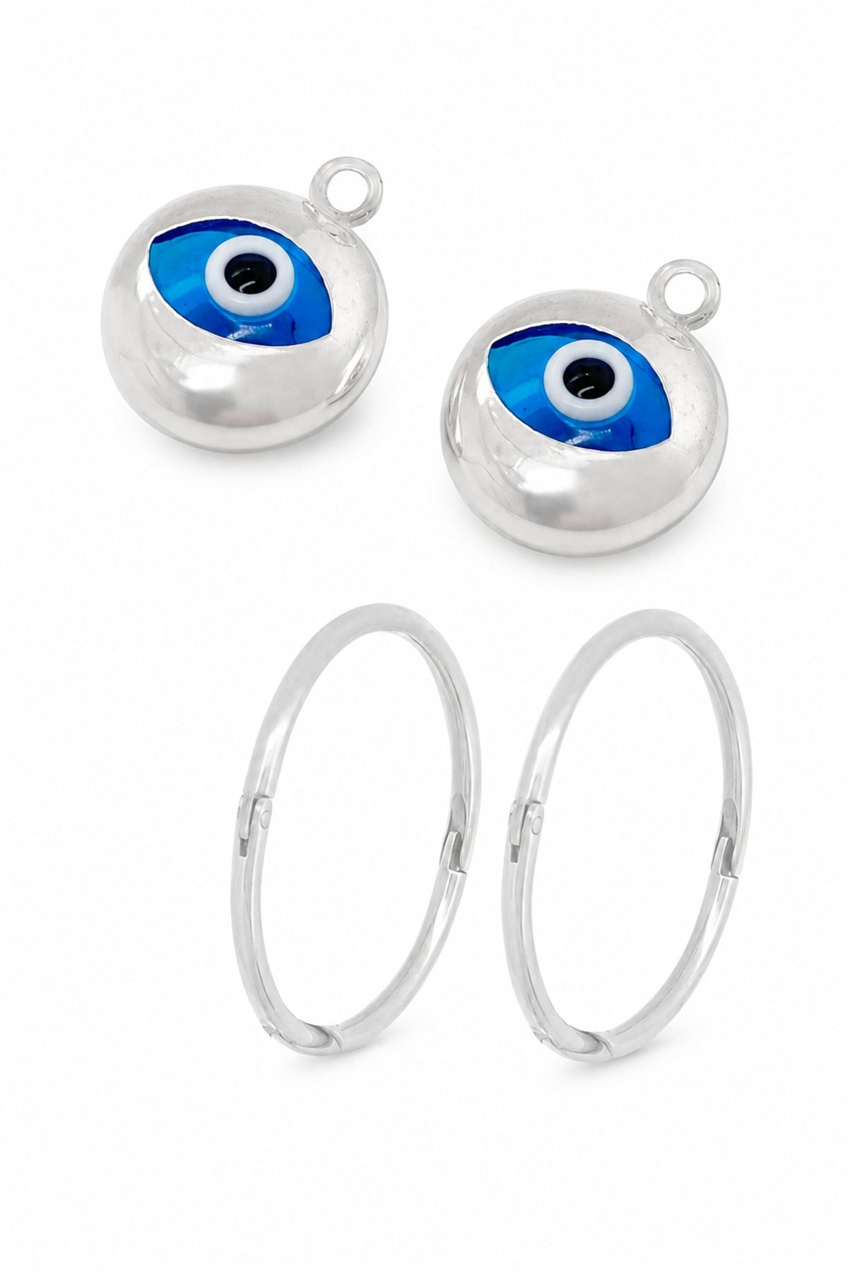 Sterling silver blue evil eye charms with sleeper earrings on a white background